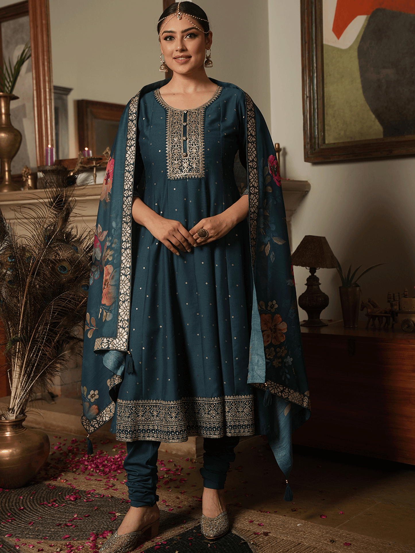 Embroidered Chinon Chiffon Gold foil Teal Kurta