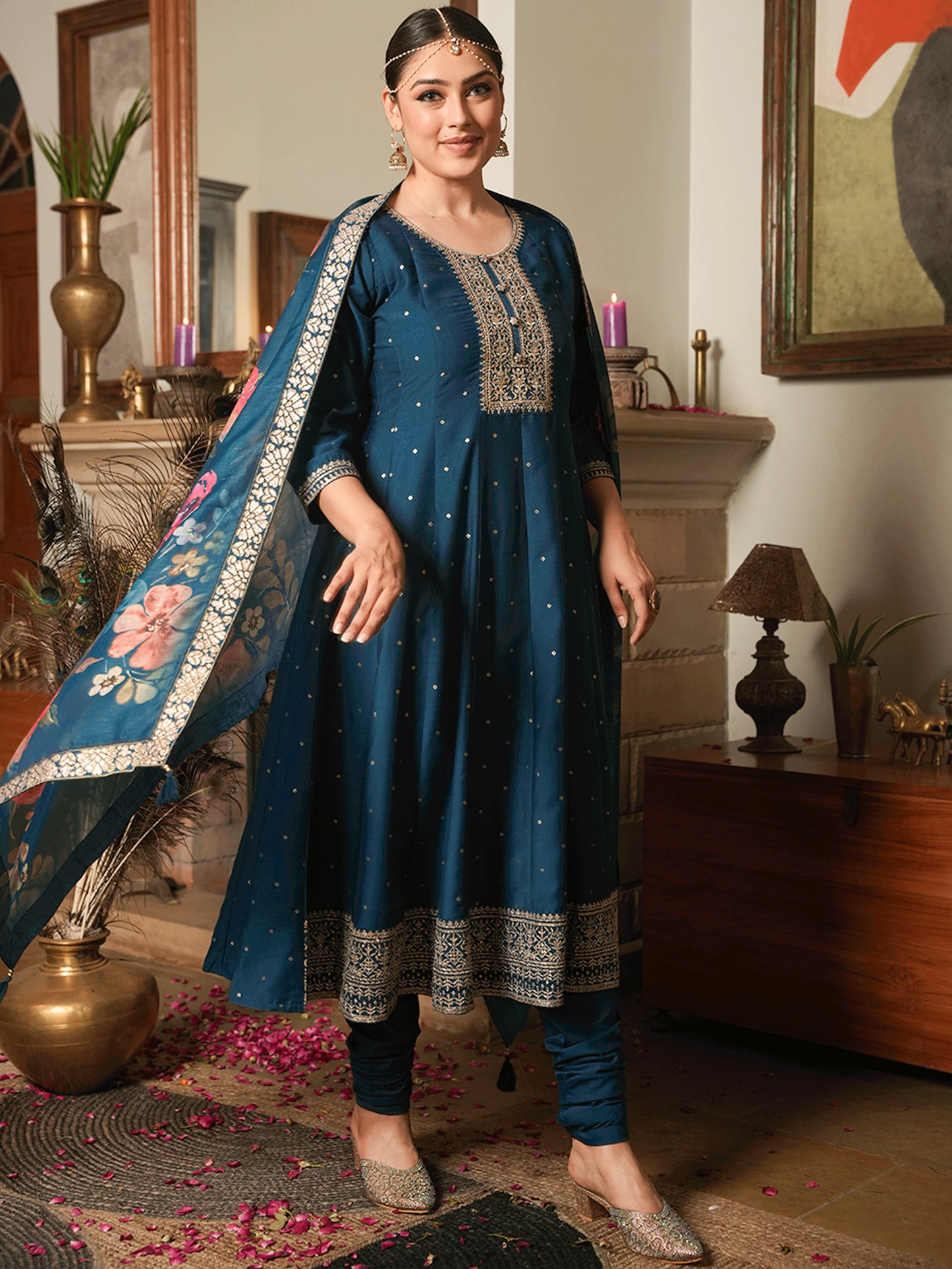 Embroidered Chiffon Gold Foil Straight Teal Kurta