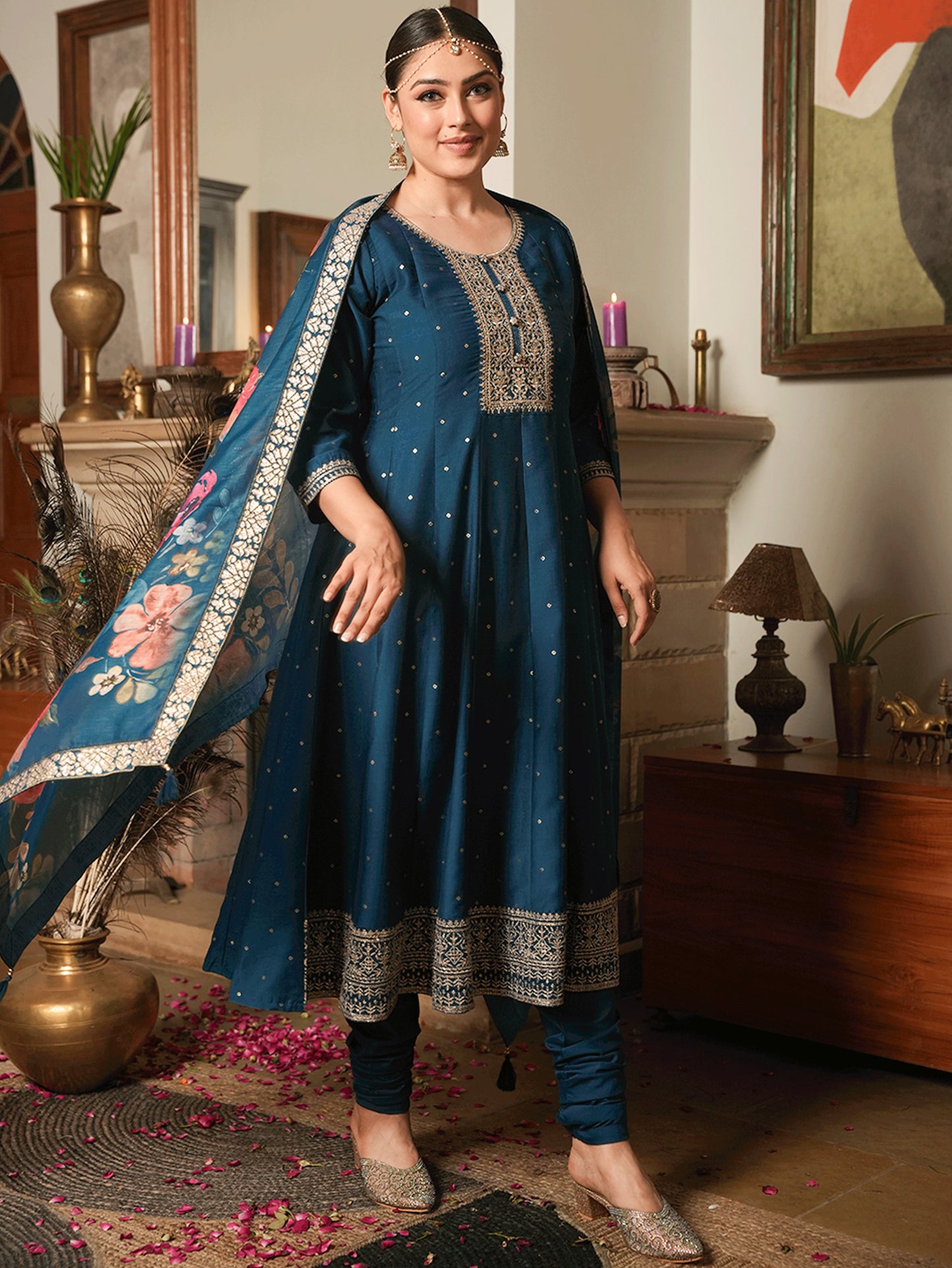 Embroidered Chinon Chiffon Gold foil Teal Kurta