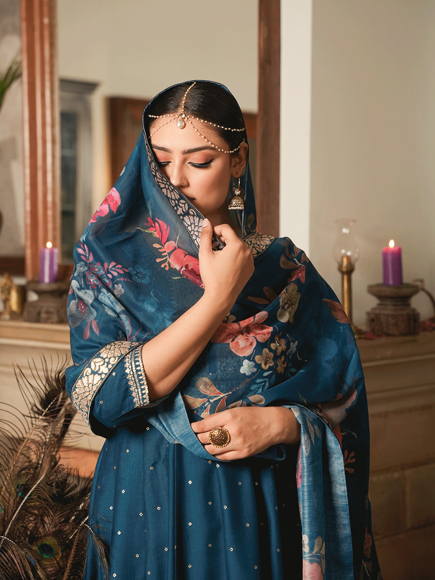 Embroidered Chiffon Gold Foil Straight Teal Kurta