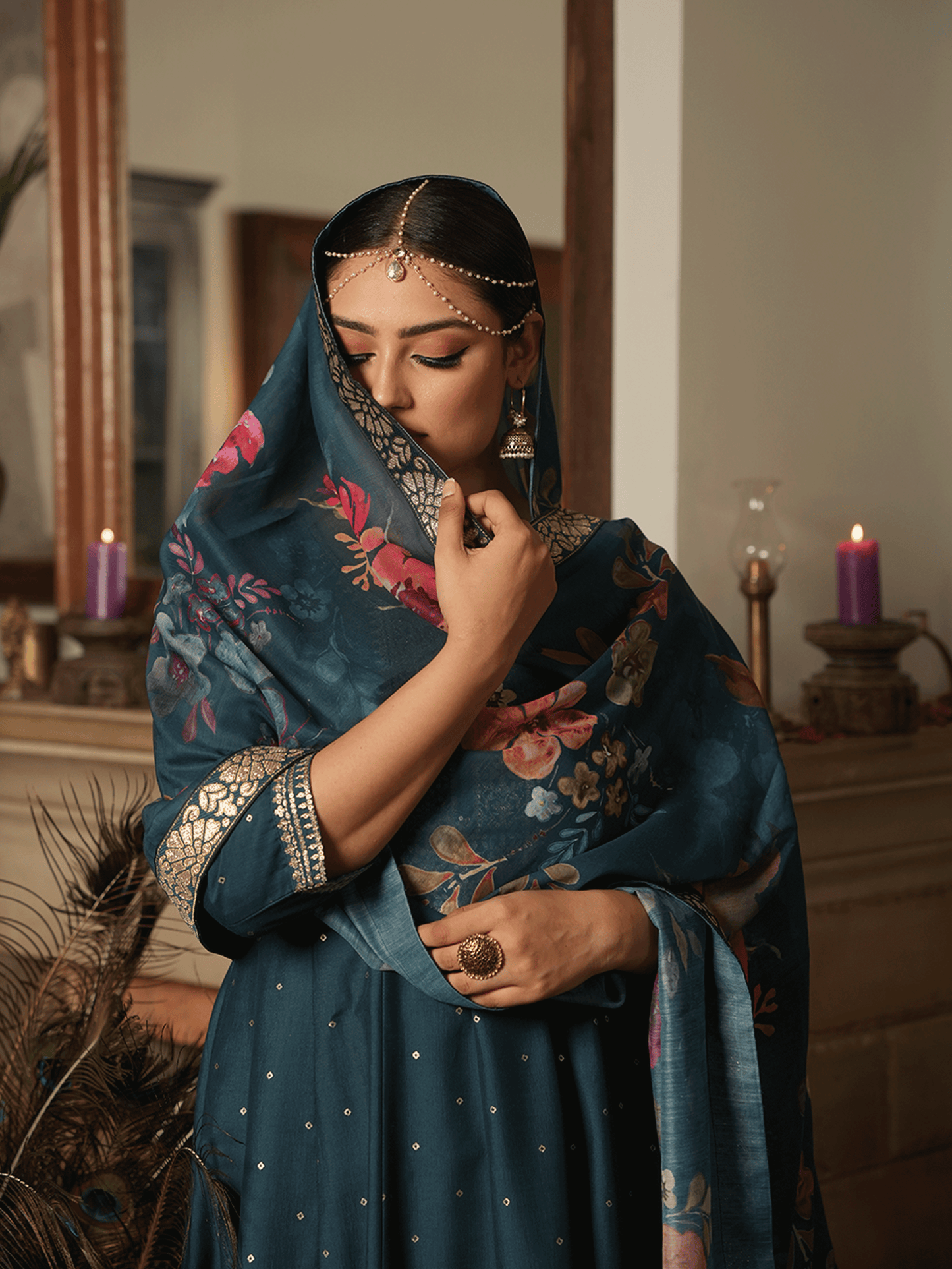 Embroidered Chinon Chiffon Gold foil Teal Kurta