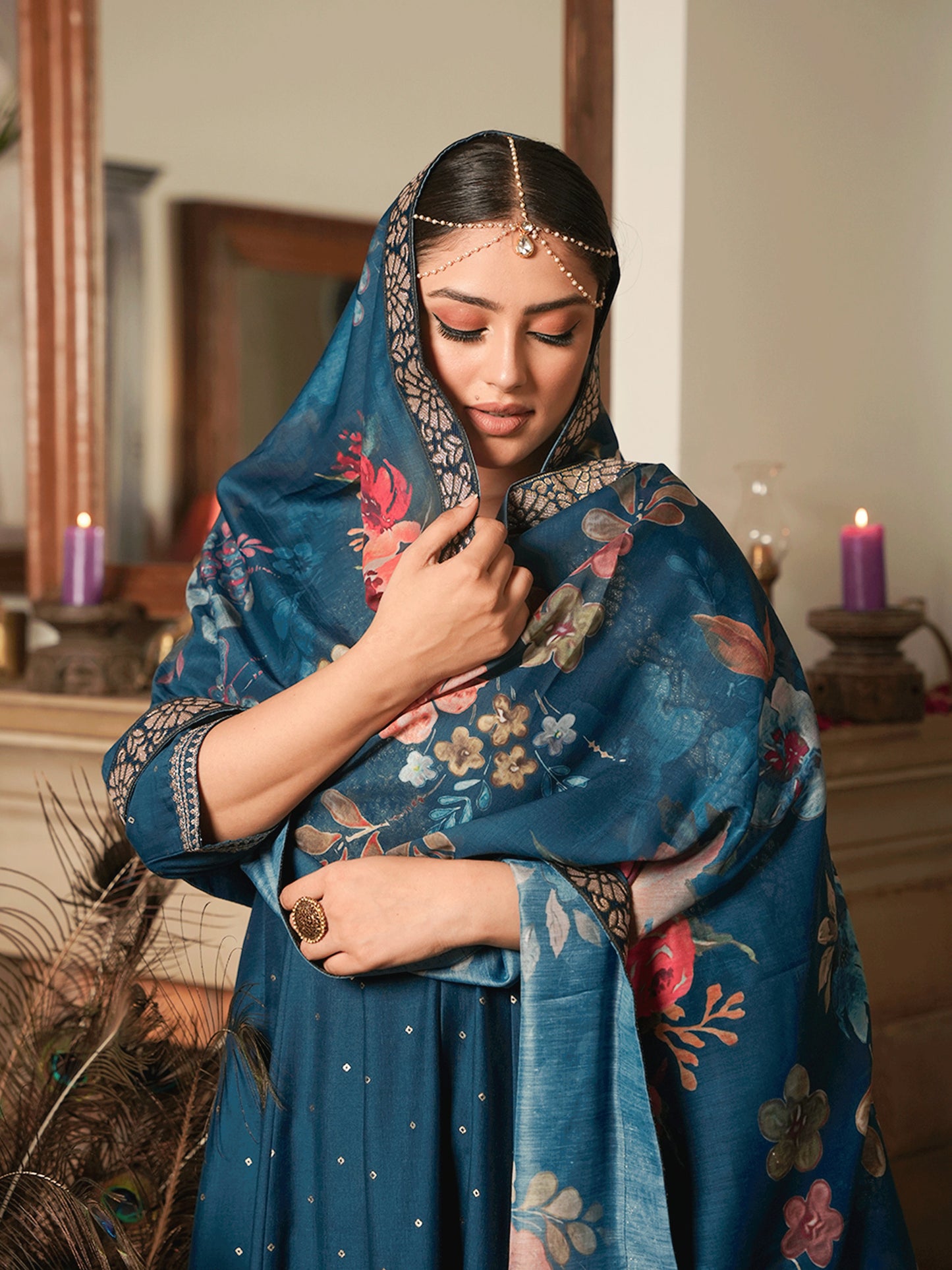 Embroidered Chinon Chiffon Gold foil Teal Kurta