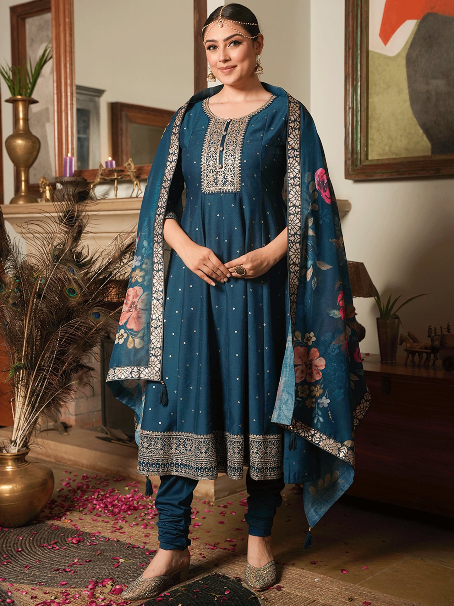Embroidered Chiffon Gold Foil Straight Teal Kurta