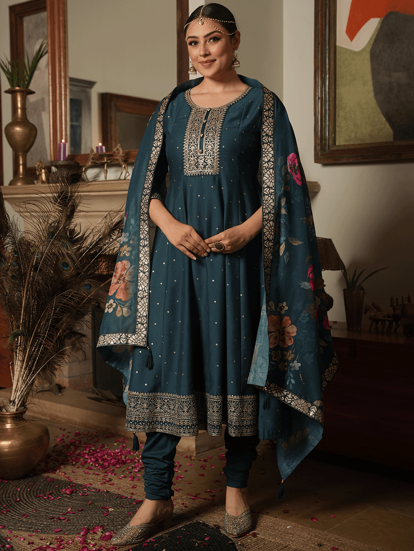 Embroidered Chinon Chiffon Gold foil Teal Kurta