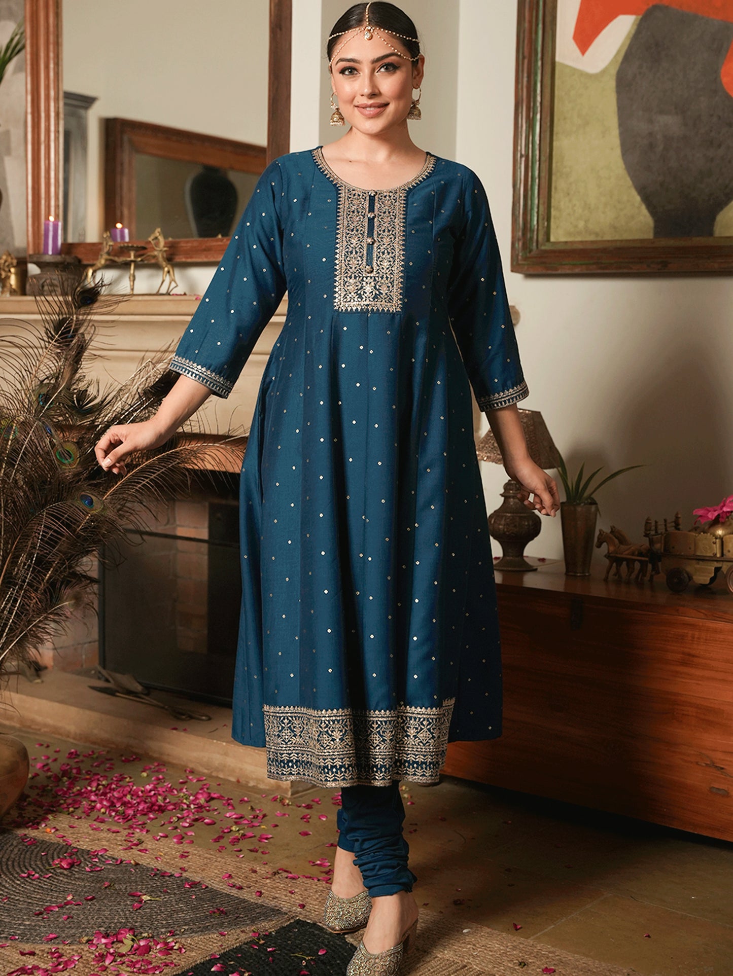 Embroidered Chinon Chiffon Gold foil Teal Kurta