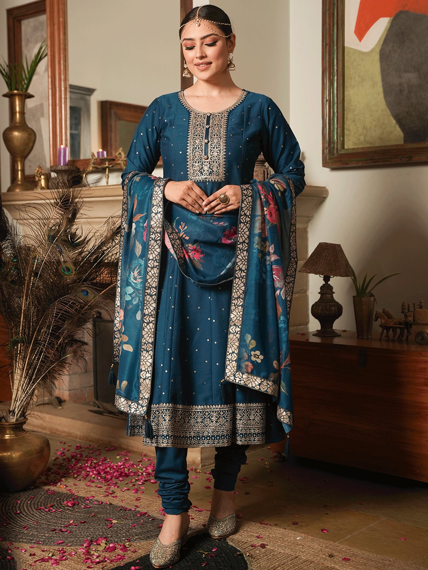 Embroidered Chinon Chiffon Gold foil Teal Kurta