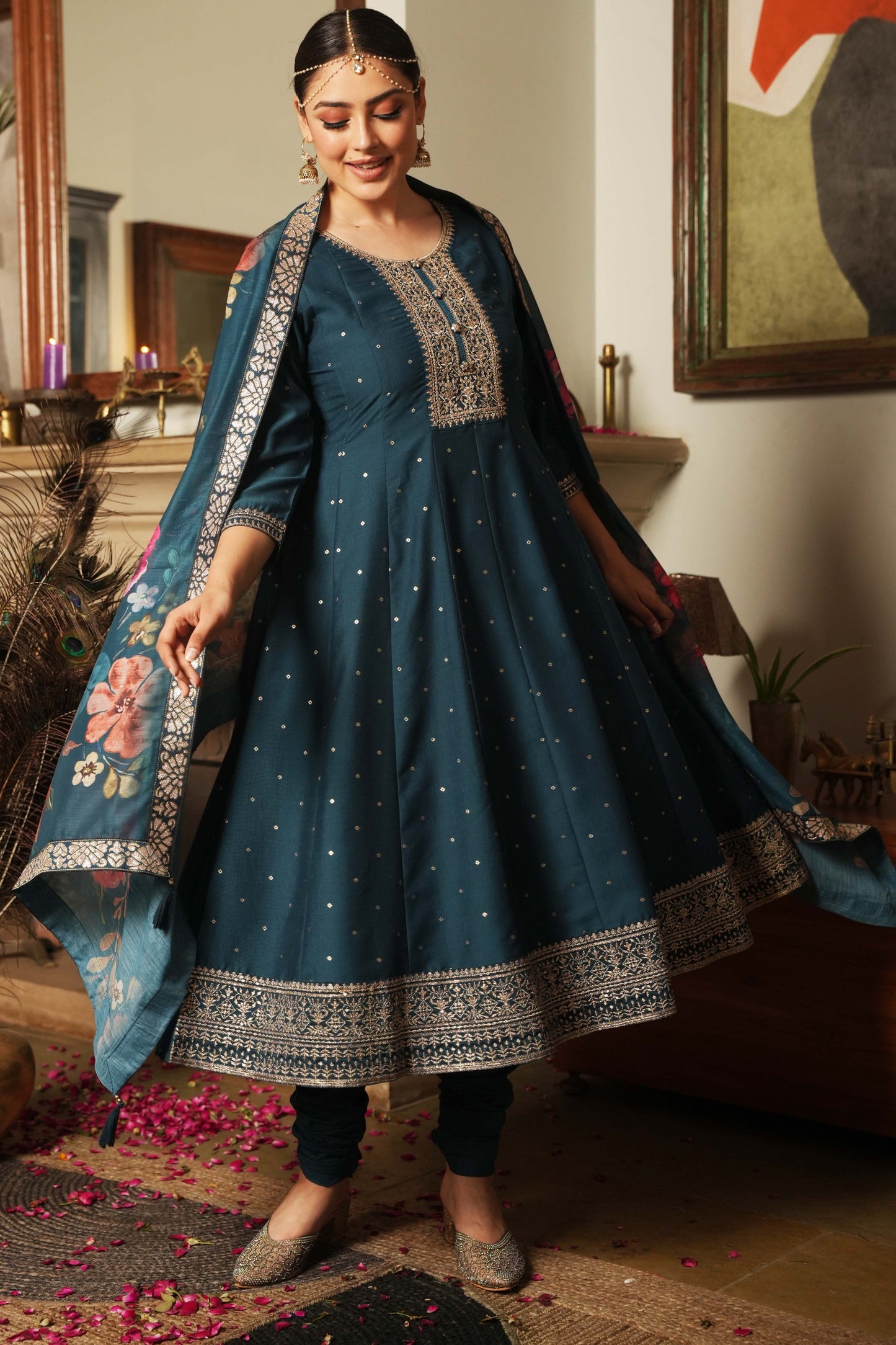 Embroidered Chinon Chiffon Gold foil Teal Kurta