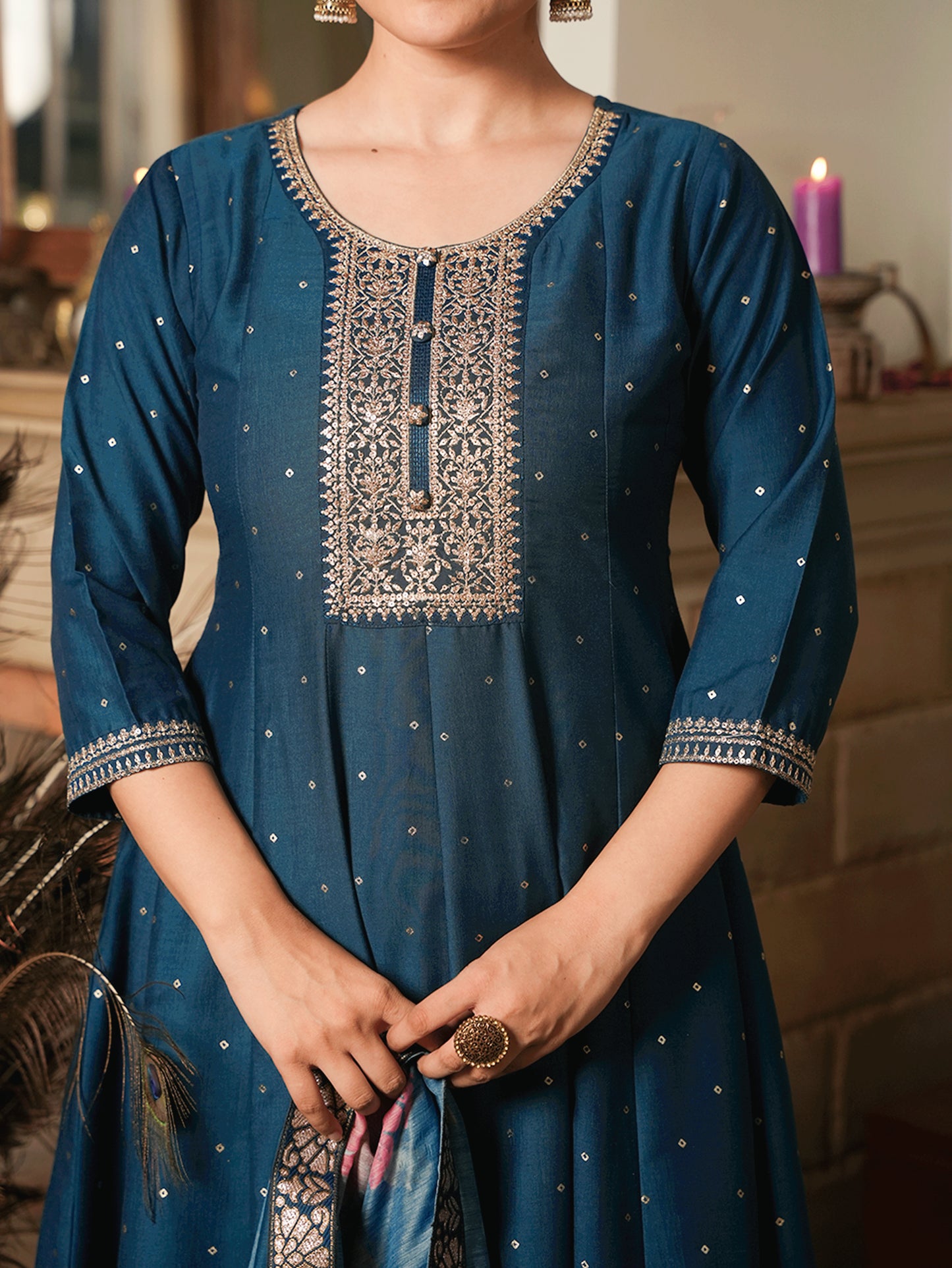 Embroidered Chiffon Gold Foil Straight Teal Kurta