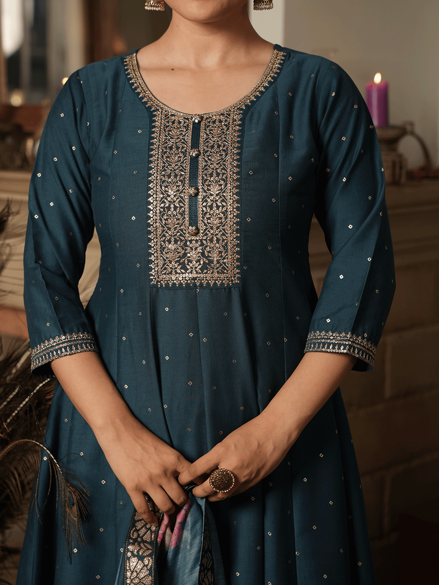 Embroidered Chinon Chiffon Gold foil Teal Kurta