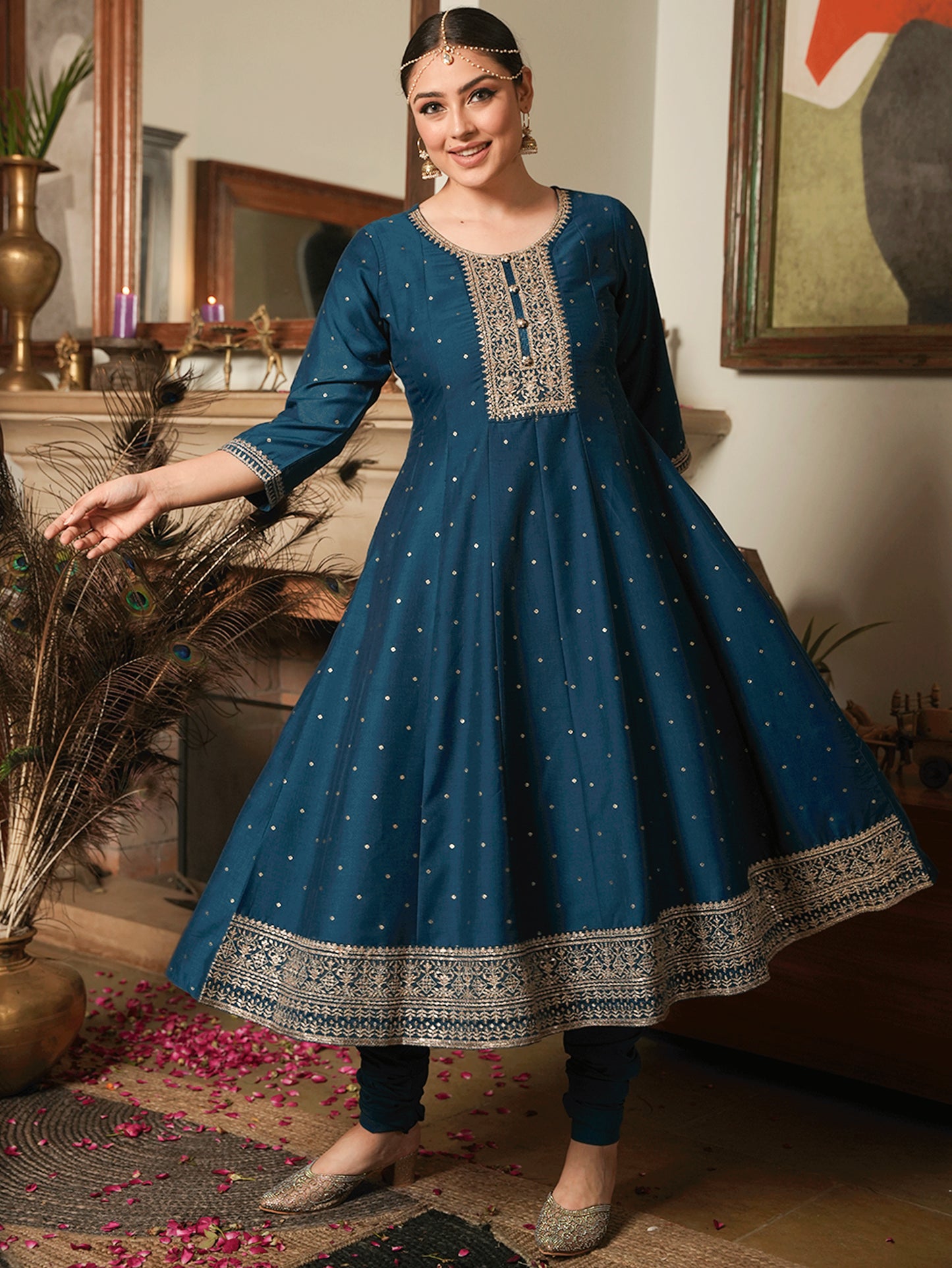 Embroidered Chiffon Gold Foil Straight Teal Kurta