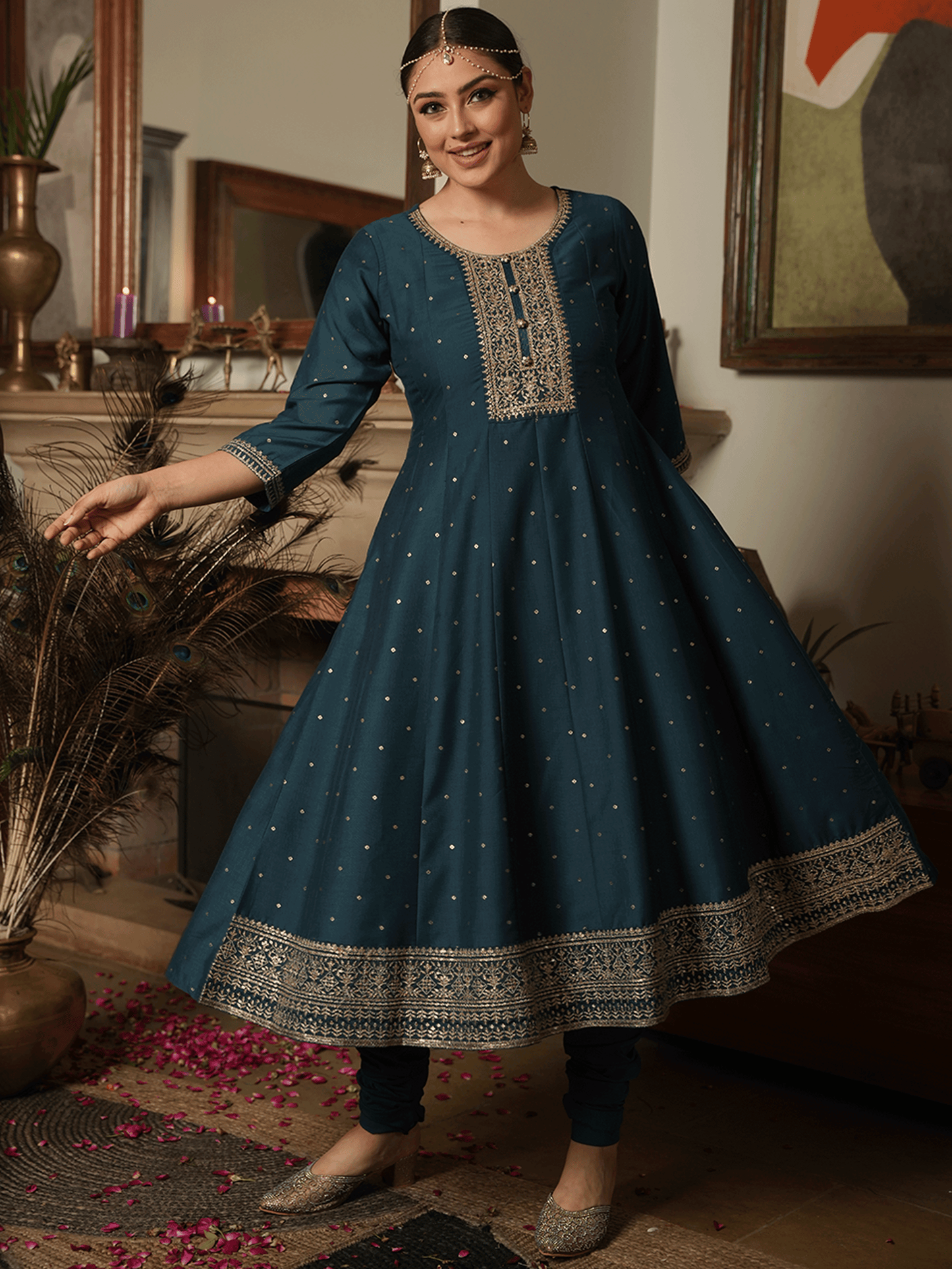 Embroidered Chinon Chiffon Gold foil Teal Kurta