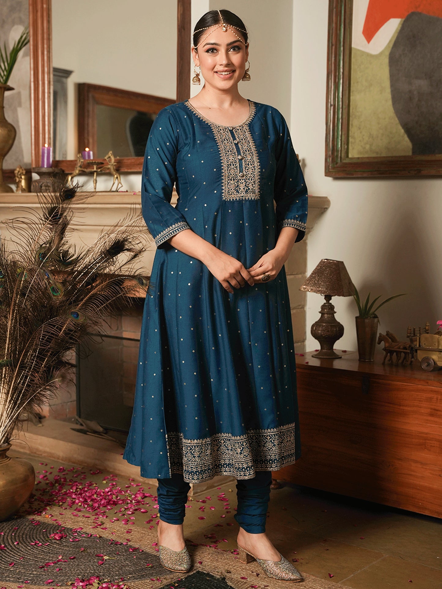 Embroidered Chinon Chiffon Gold foil Teal Kurta