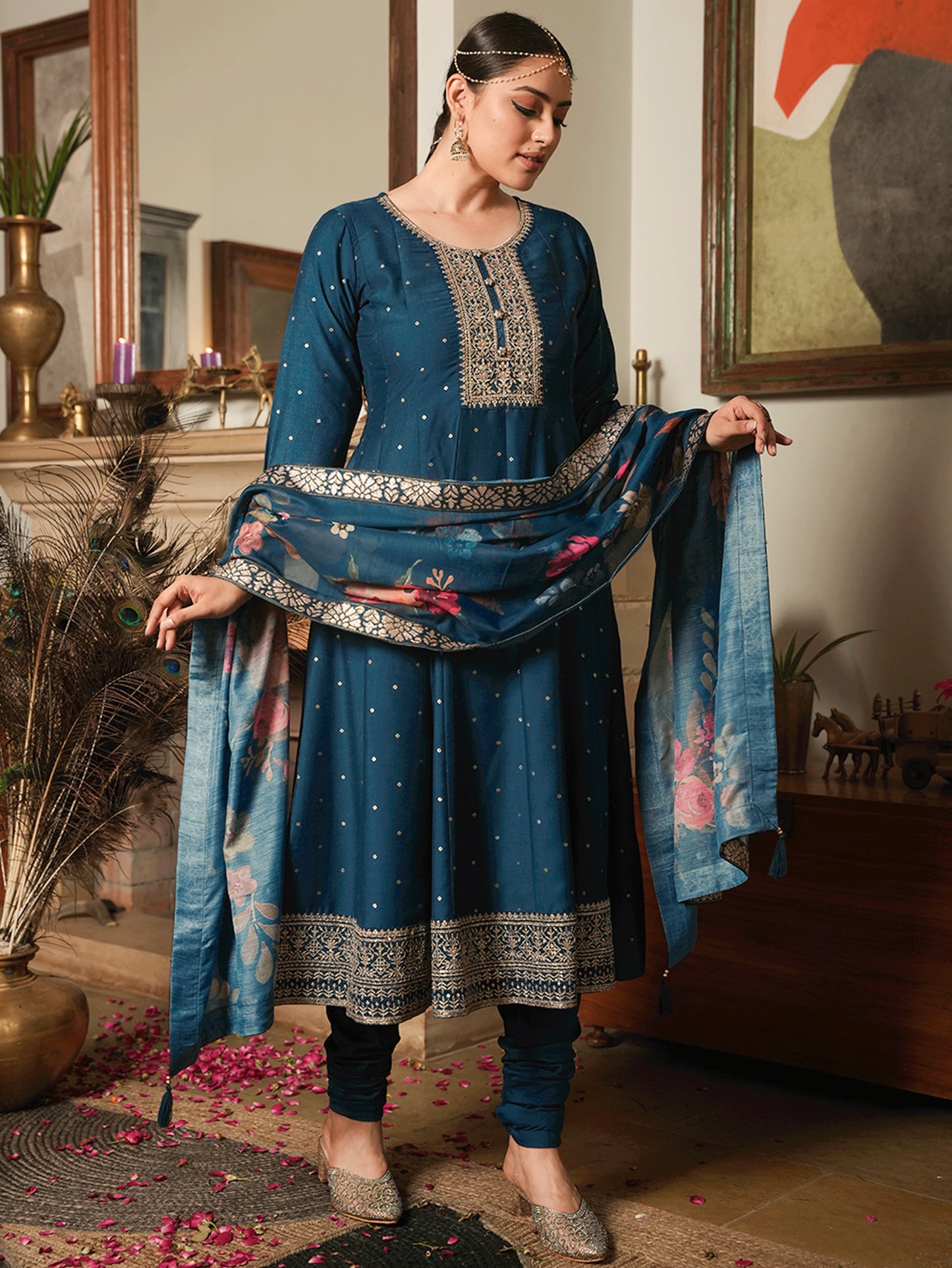 Embroidered Chiffon Gold Foil Straight Teal Kurta