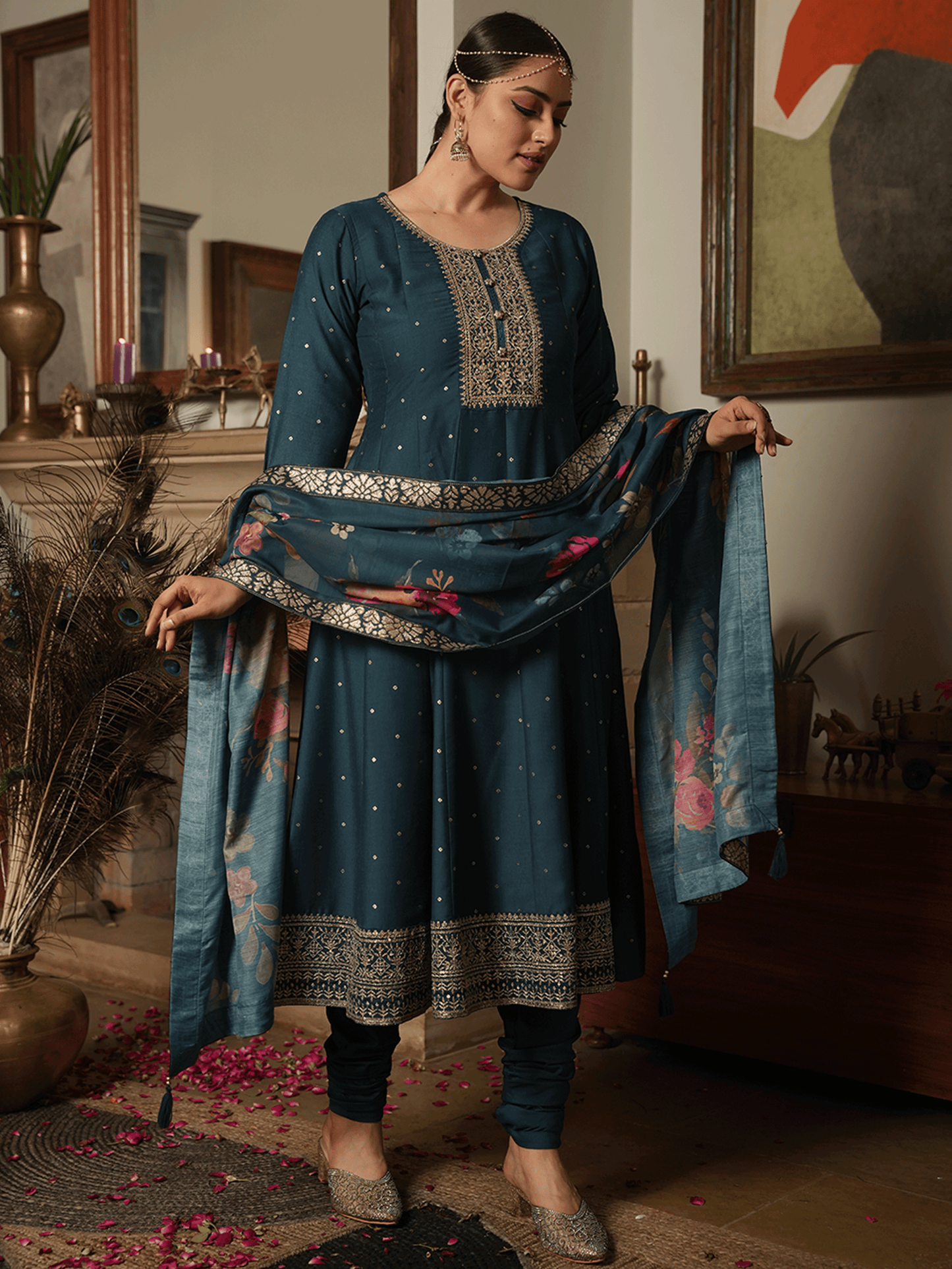 Embroidered Chinon Chiffon Gold foil Teal Kurta