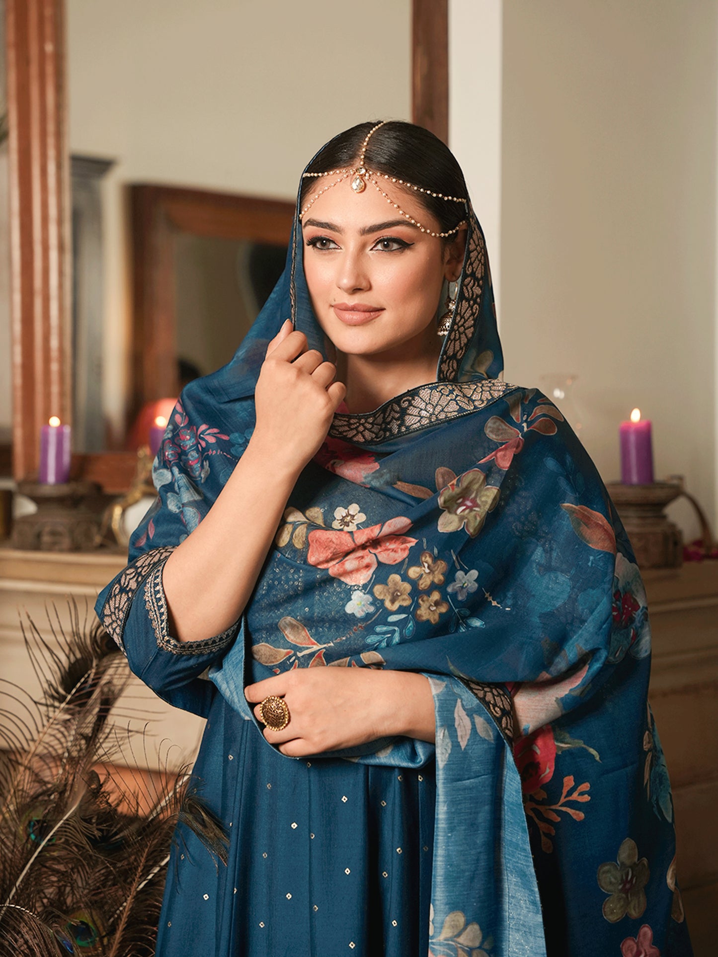 Embroidered Chiffon Gold Foil Straight Teal Kurta