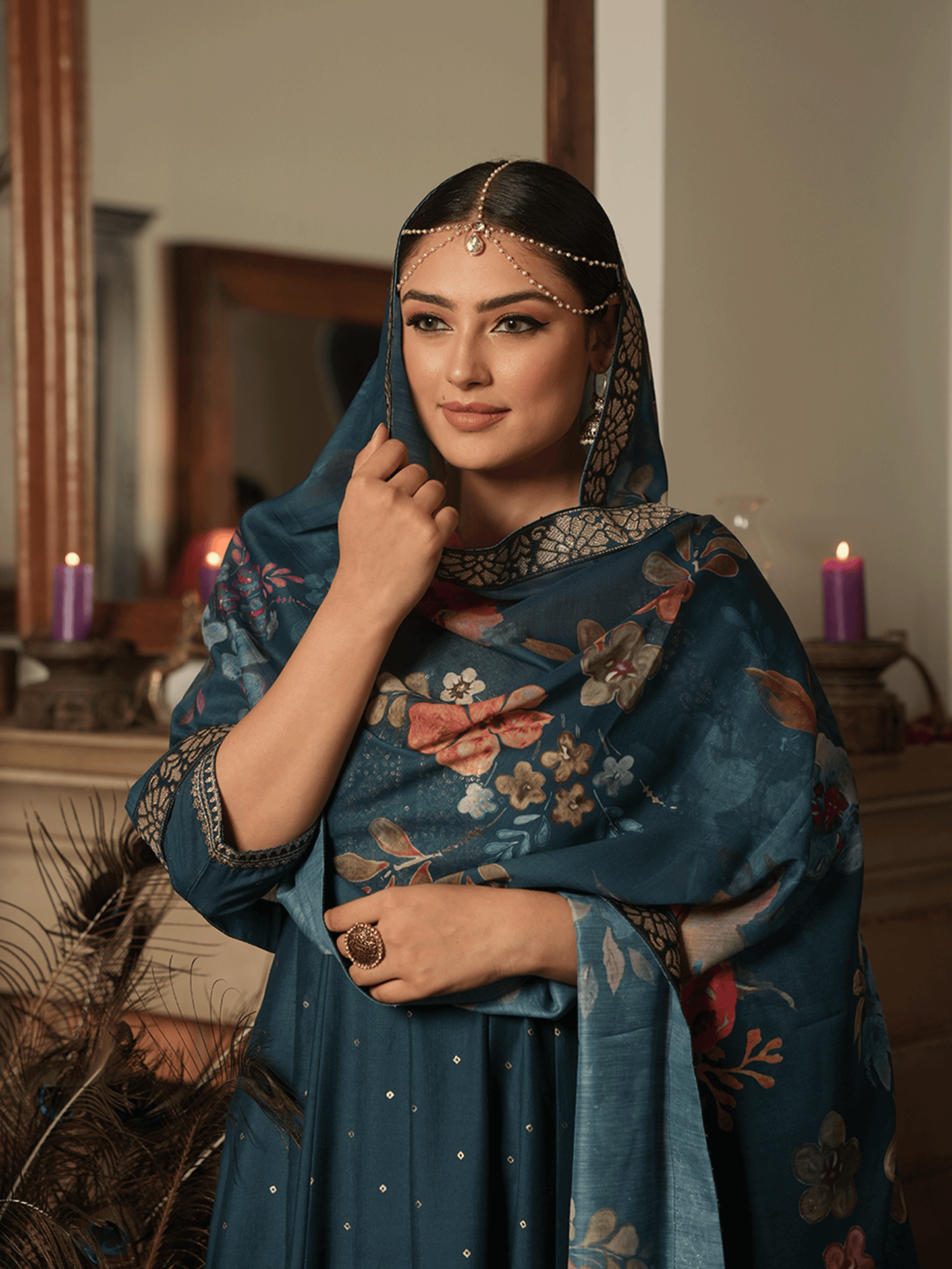 Embroidered Chinon Chiffon Gold foil Teal Kurta