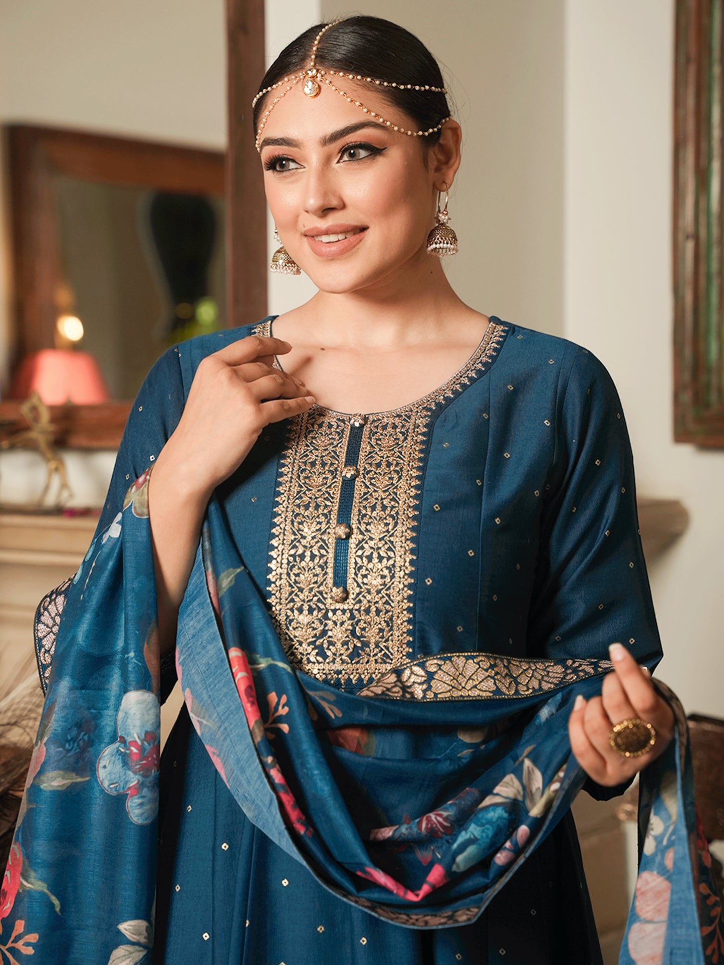 Embroidered Chiffon Gold Foil Straight Teal Kurta