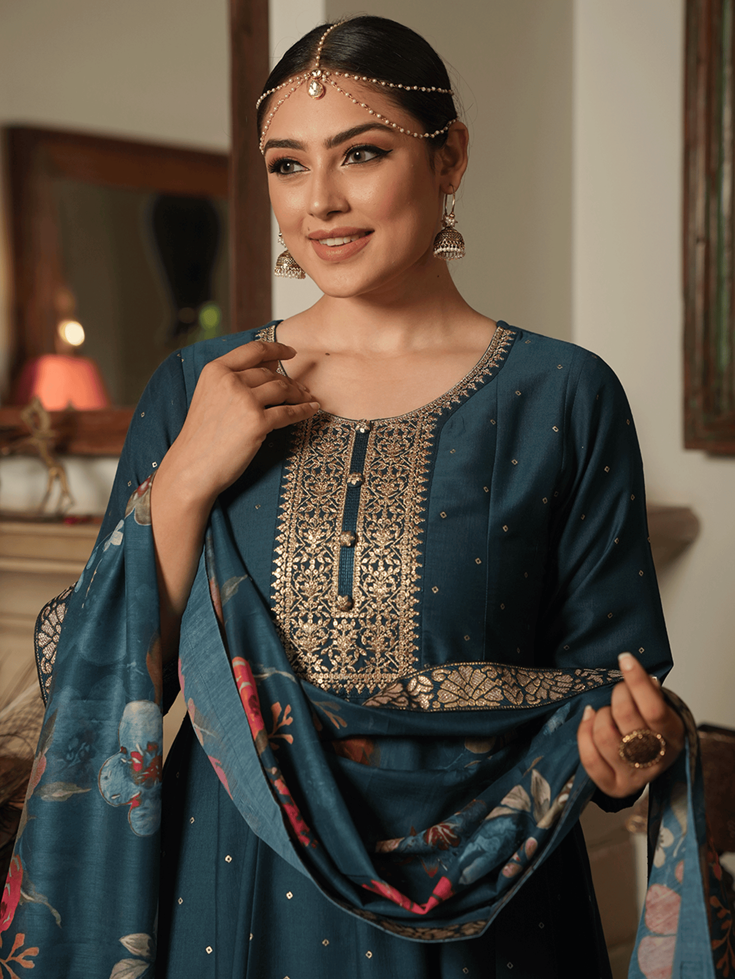 Embroidered Chinon Chiffon Gold foil Teal Kurta