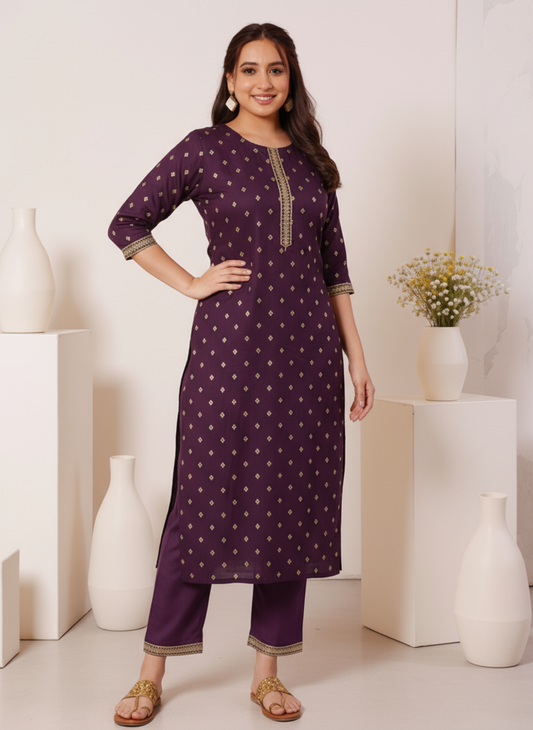 Embroidered Silk Blend Solid Purple Trousers
