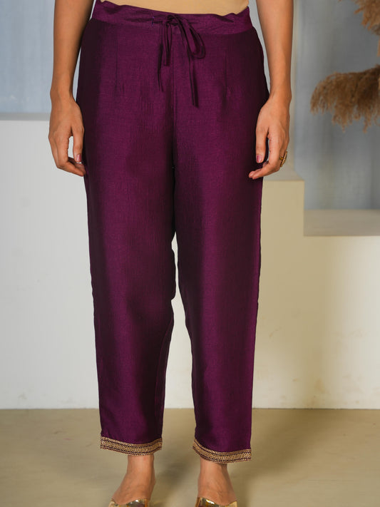 Embroidered Chanderi Solid Purple Trousers