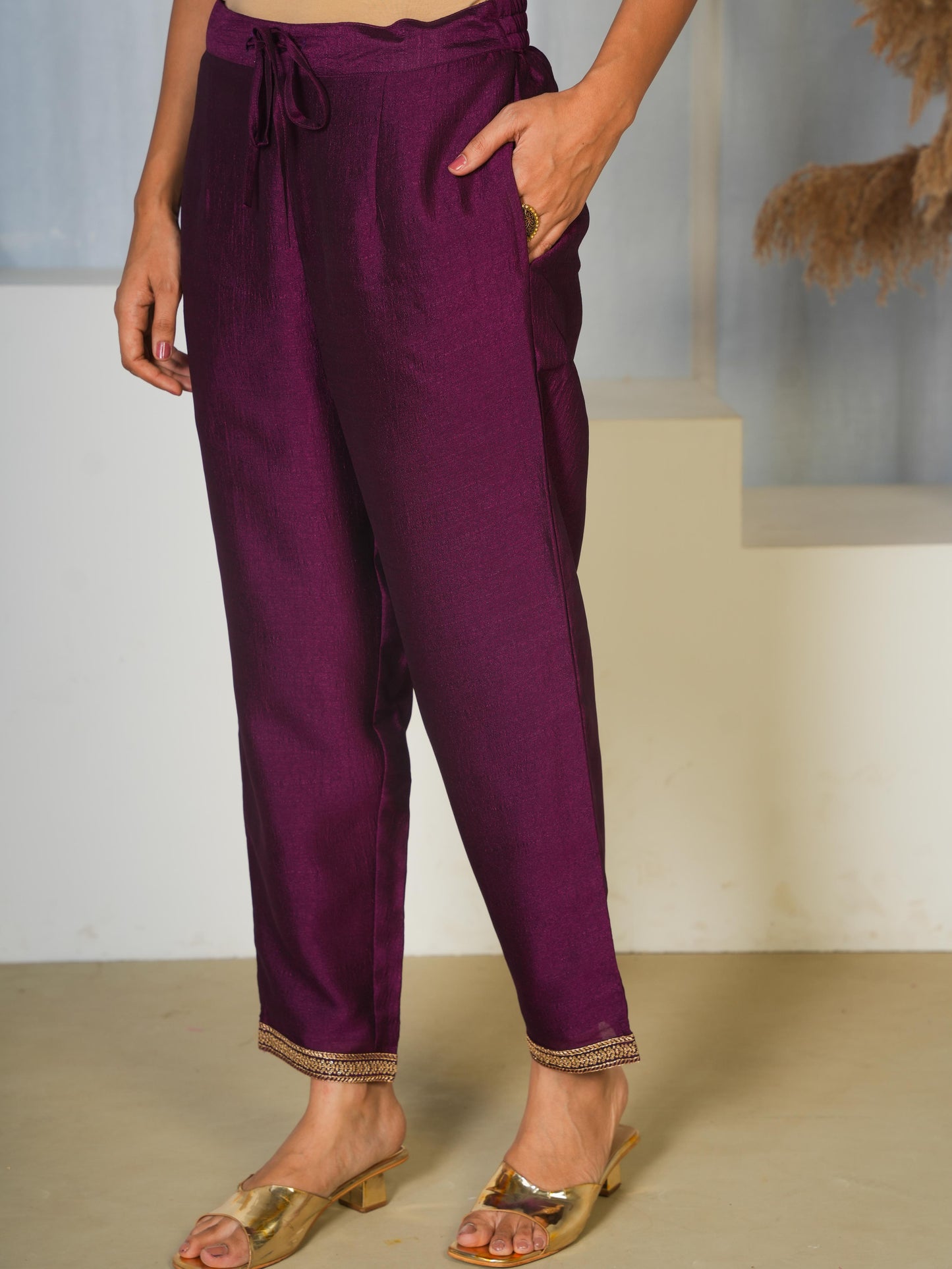Embroidered Chanderi Solid Purple Trousers