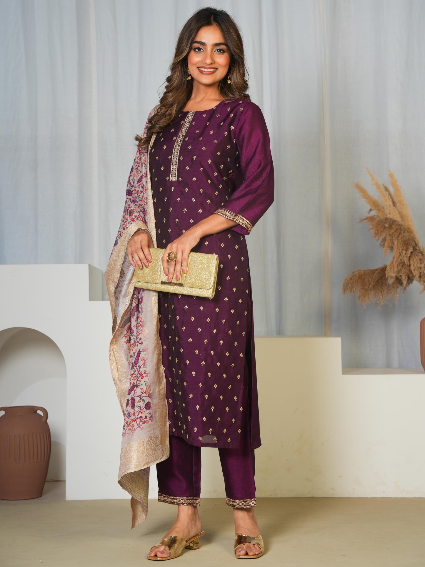 Embroidered Chanderi Solid Purple Straight Kurta
