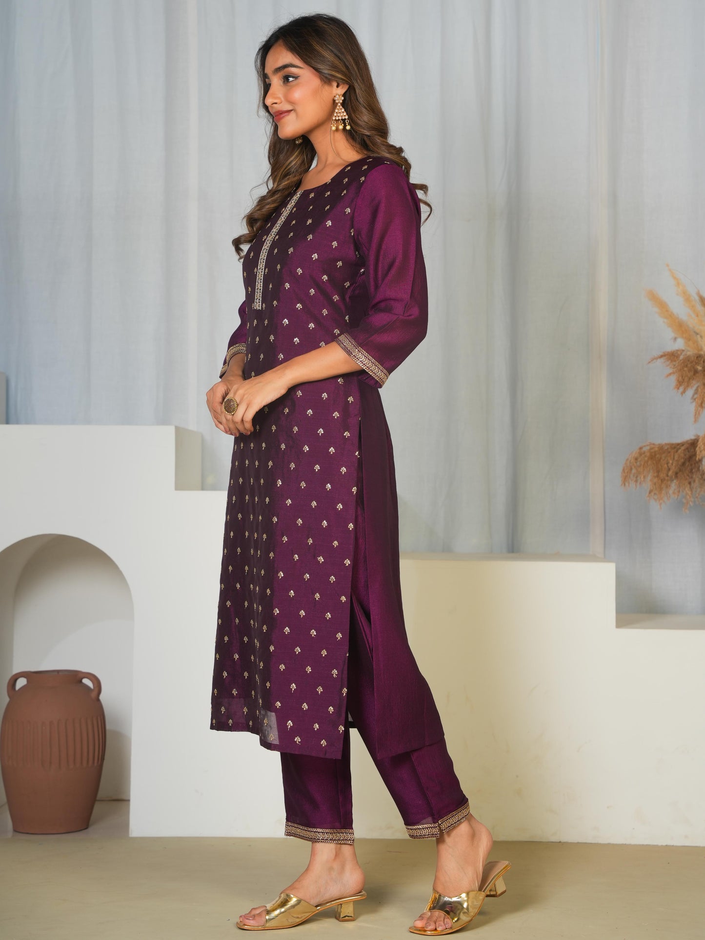 Embroidered Chanderi Solid Purple Straight Kurta