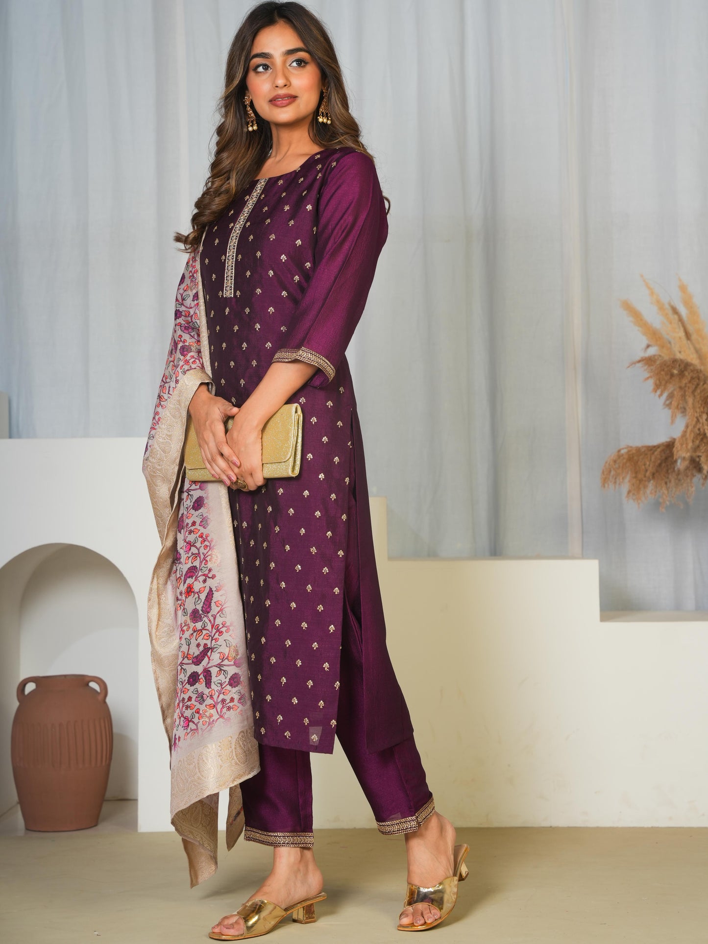 Embroidered Chanderi Solid Purple Straight Kurta