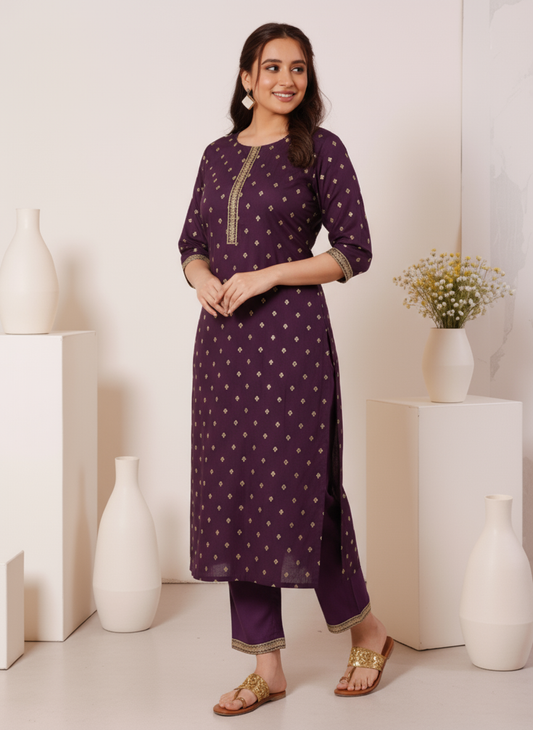 Embroidered Silk Blend Solid Purple Kurta