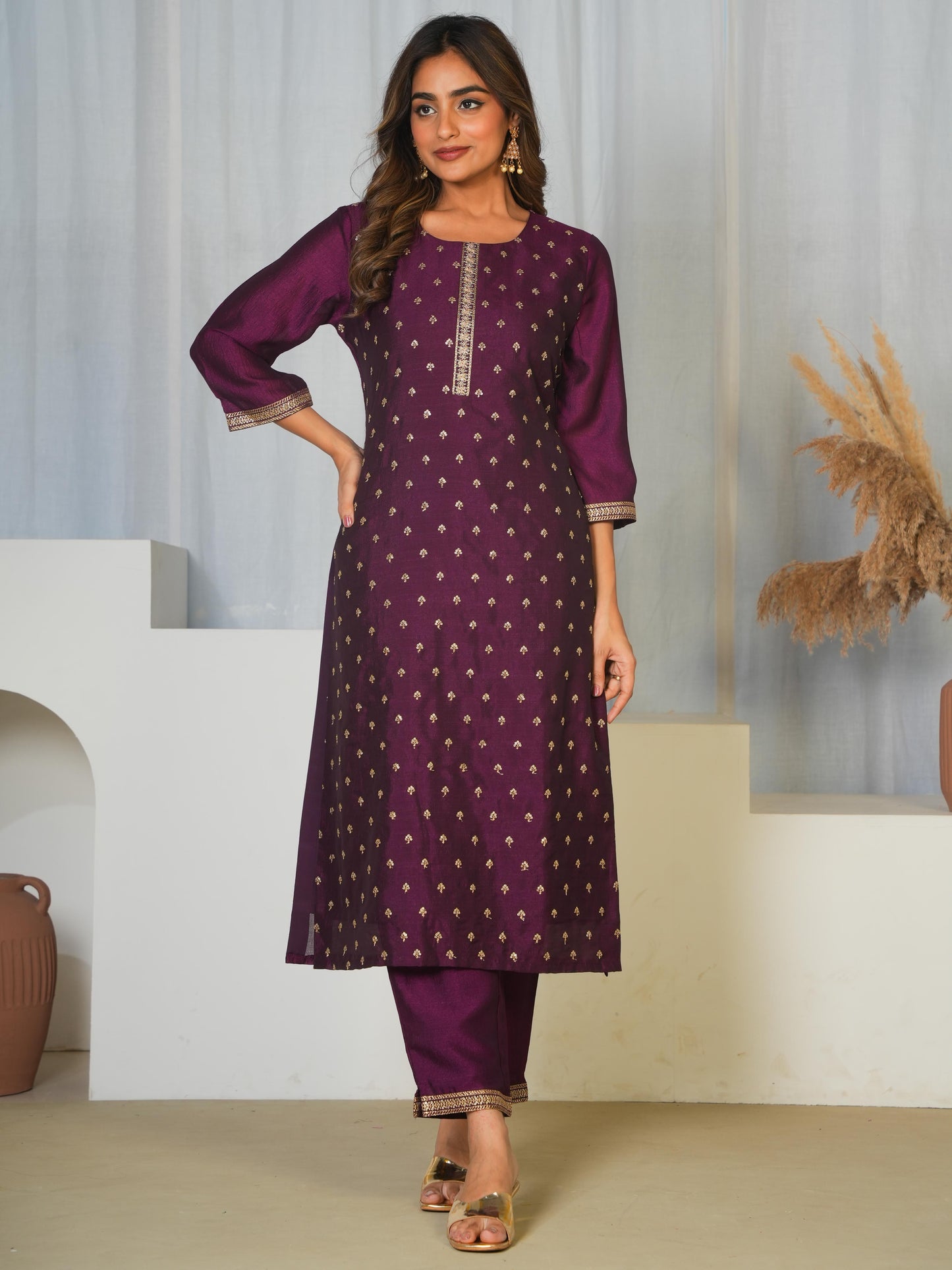 Embroidered Chanderi Solid Purple Straight Kurta