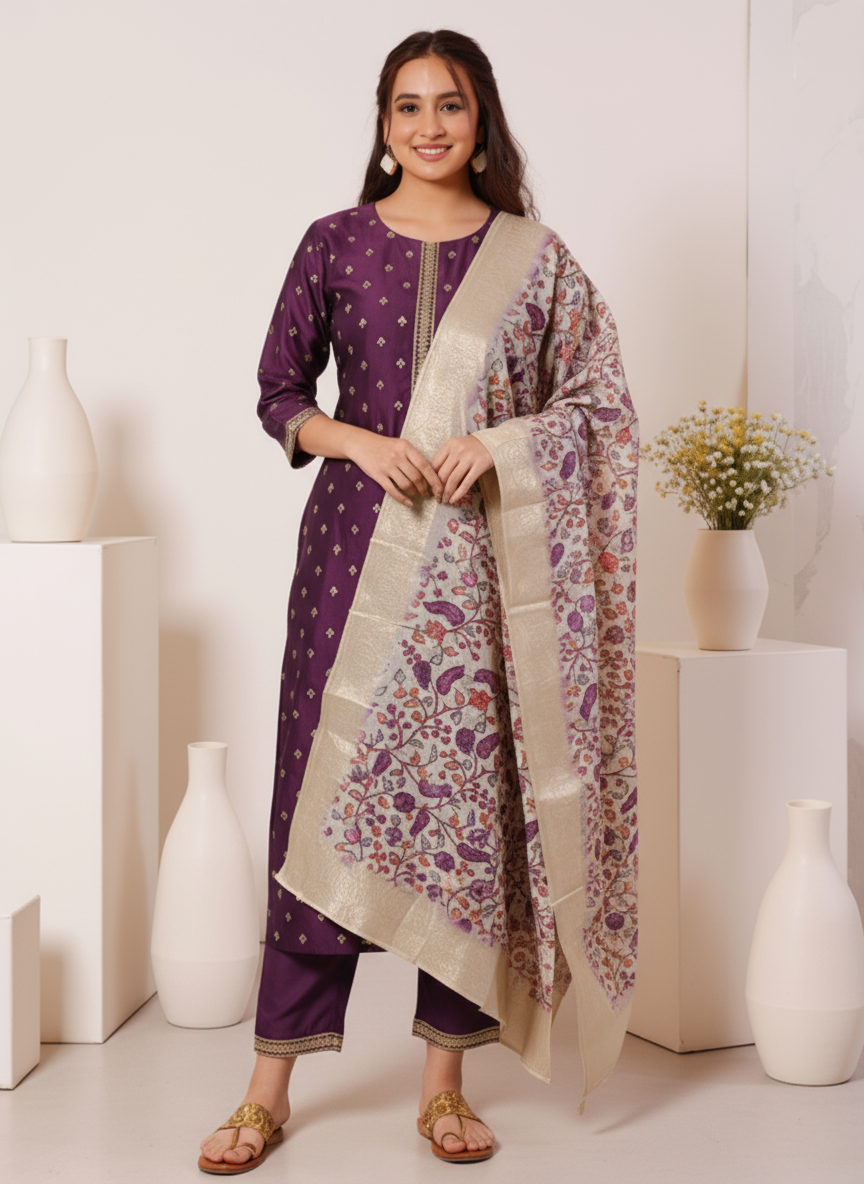 Poly Jacquard Floral Beige Dupatta