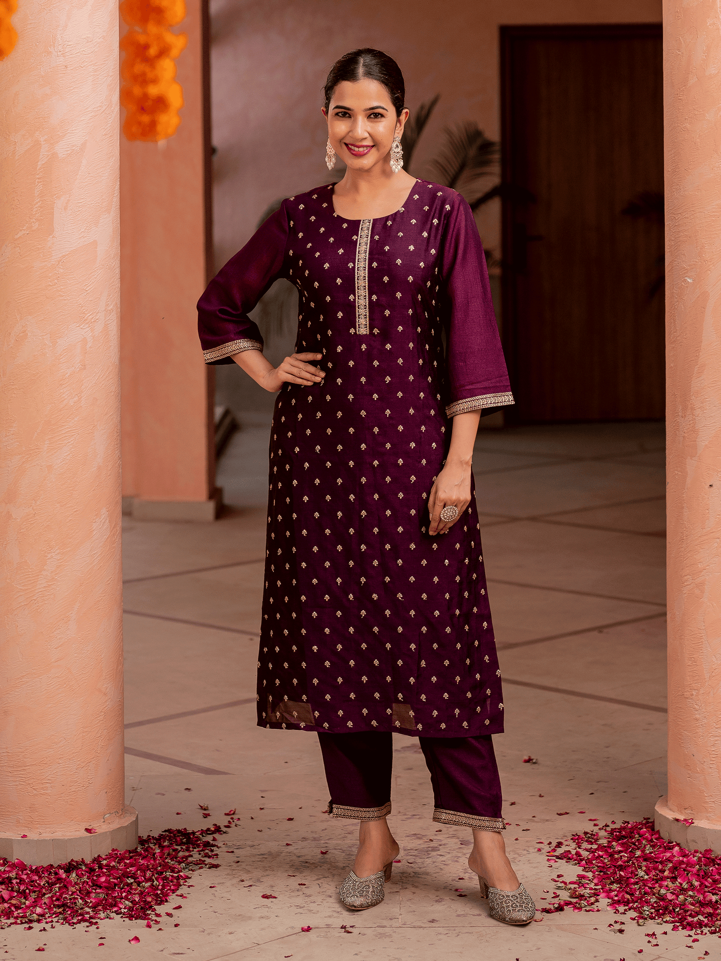 Embroidered Silk Blend Solid Purple Kurta