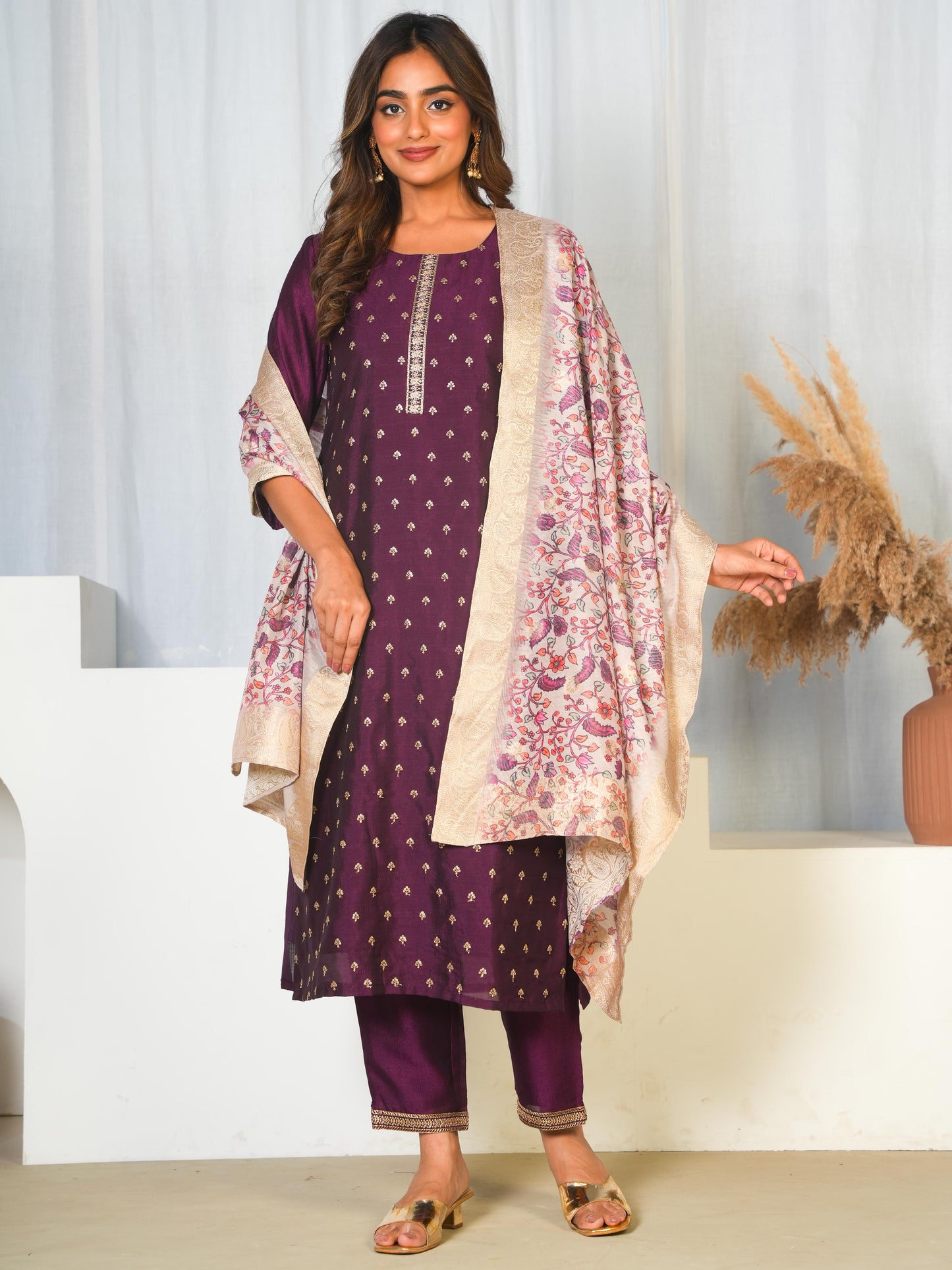 Embroidered Chanderi Solid Purple Straight Kurta