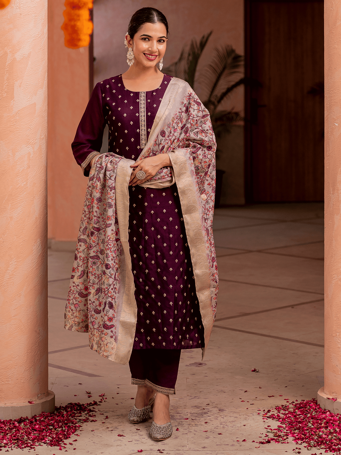 Embroidered Silk Blend Solid Purple Kurta