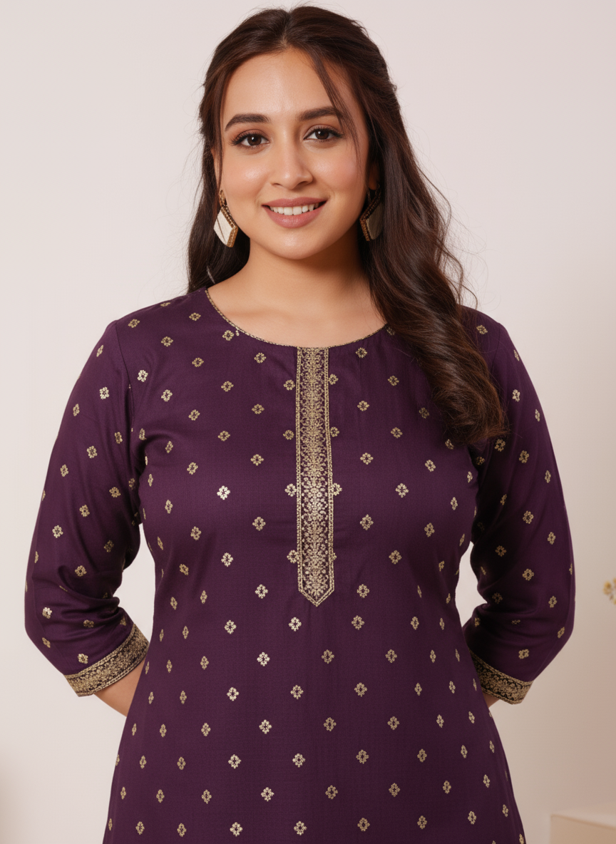 Embroidered Silk Blend Solid Purple Kurta