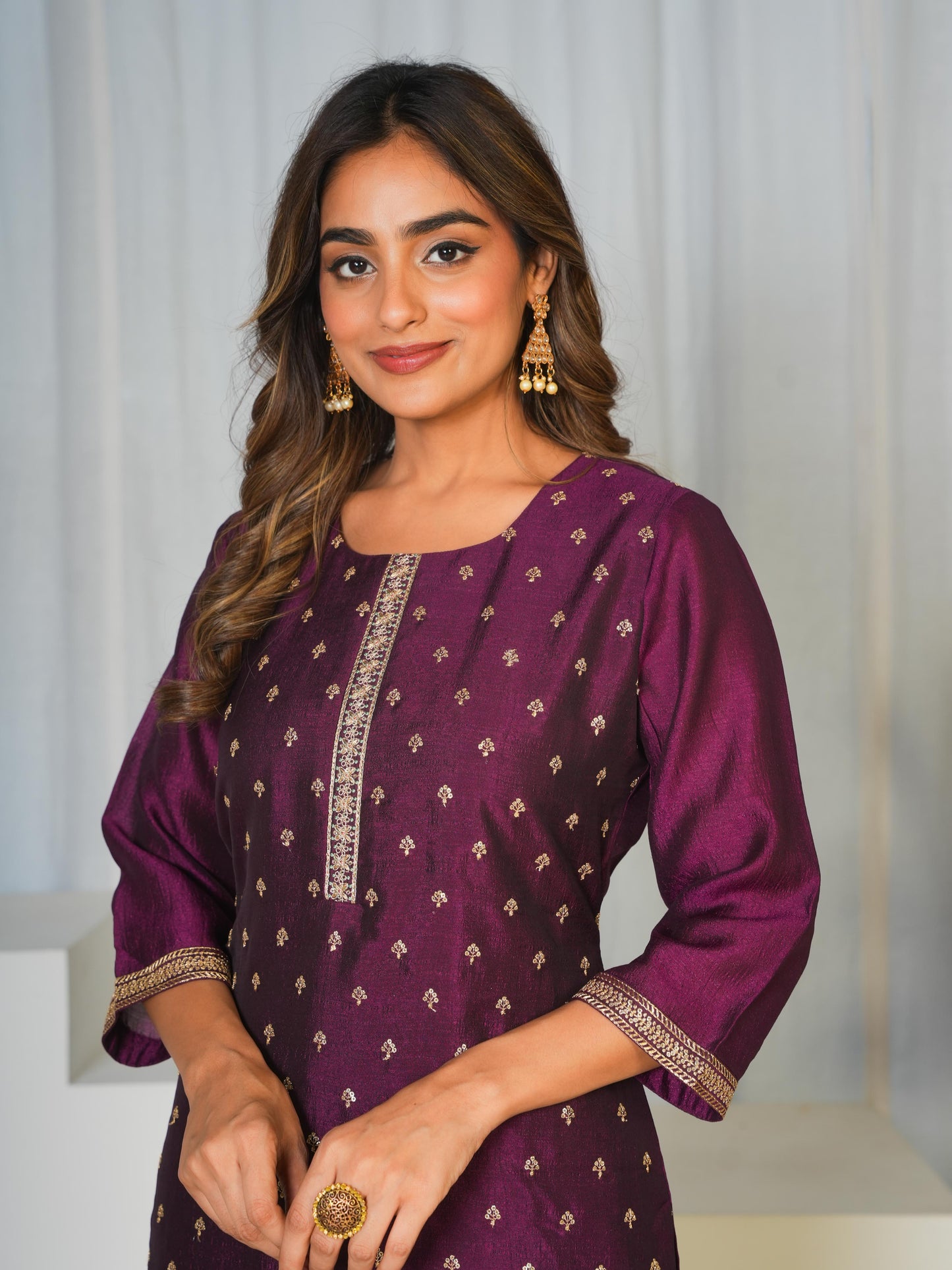 Embroidered Chanderi Solid Purple Straight Kurta