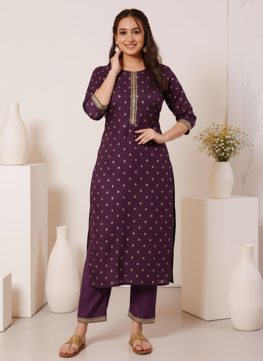Embroidered Silk Blend Solid Purple Kurta