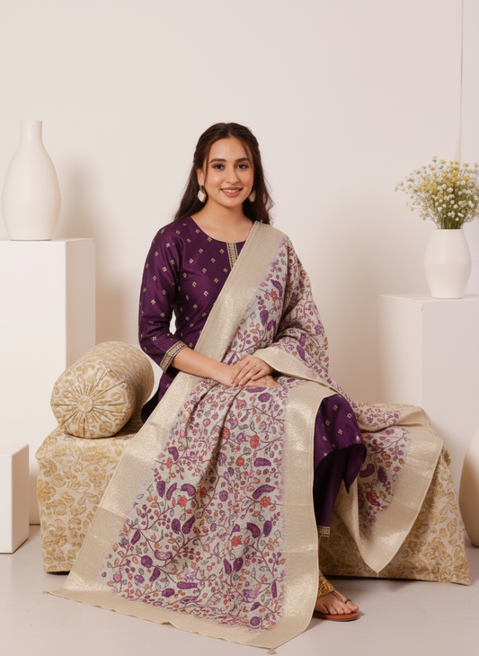 Poly Jacquard Floral Beige Dupatta