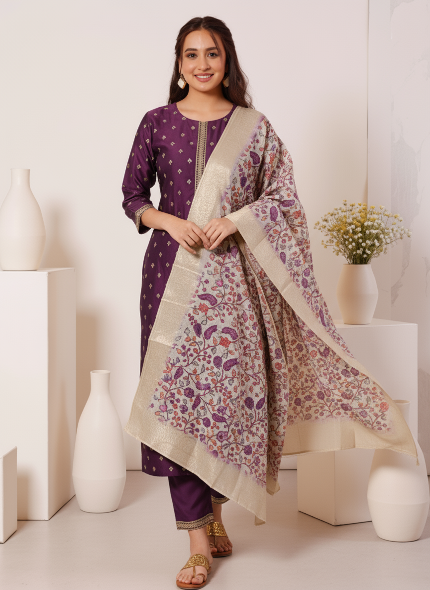 Poly Jacquard Floral Beige Dupatta