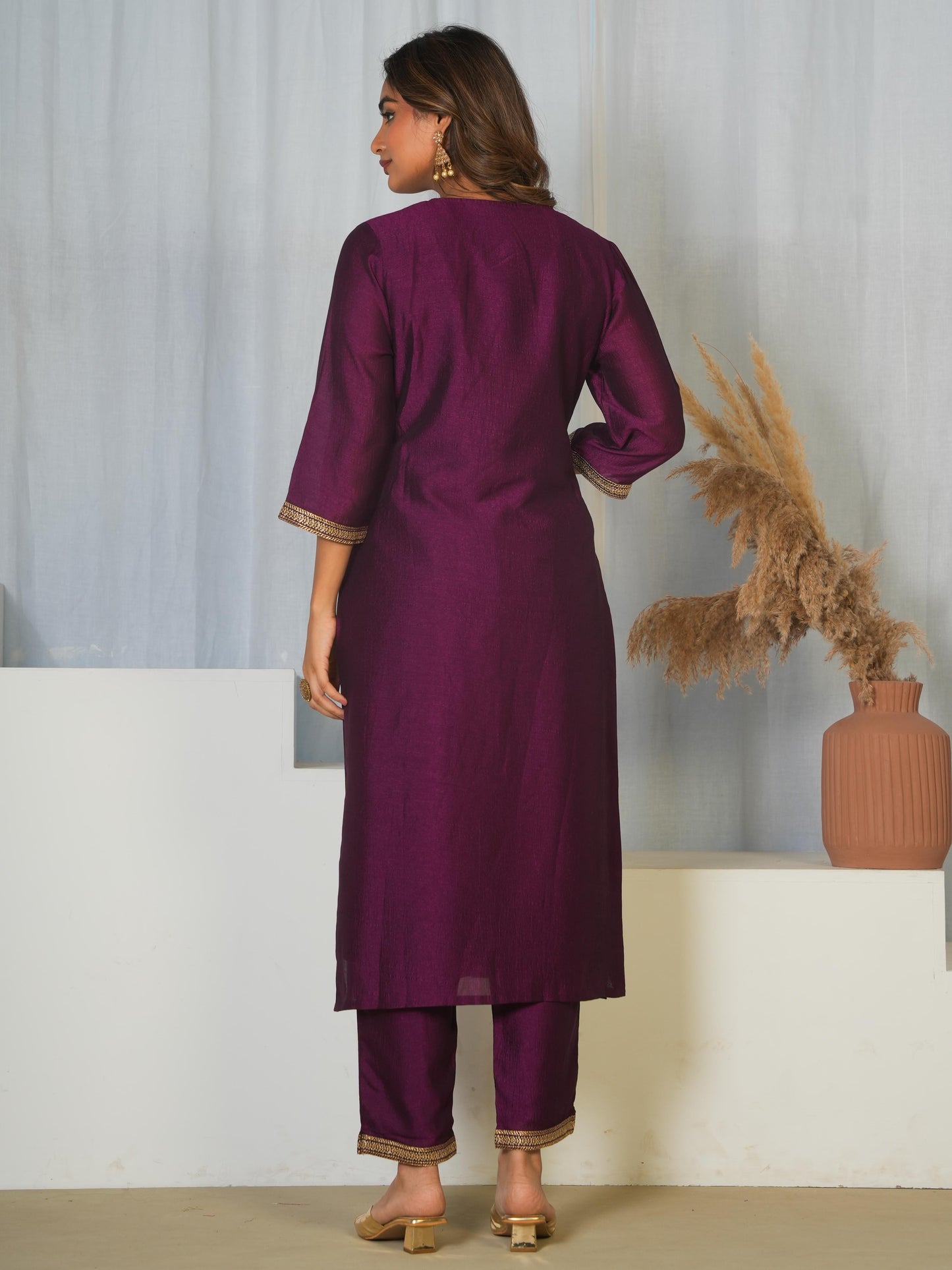 Embroidered Chanderi Solid Purple Straight Kurta