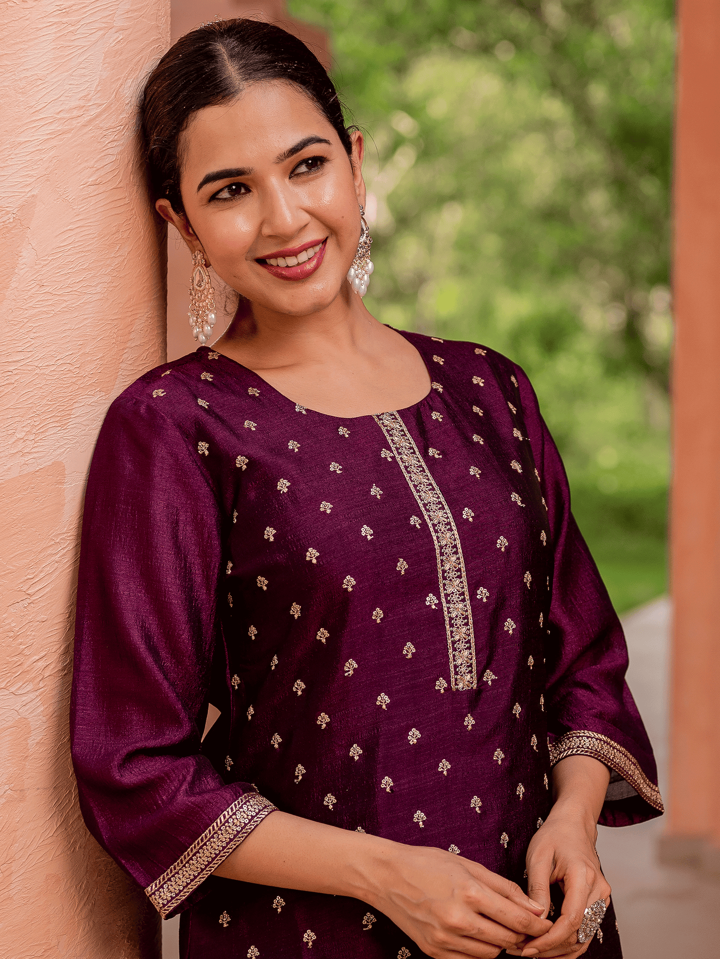 Embroidered Silk Blend Solid Purple Kurta