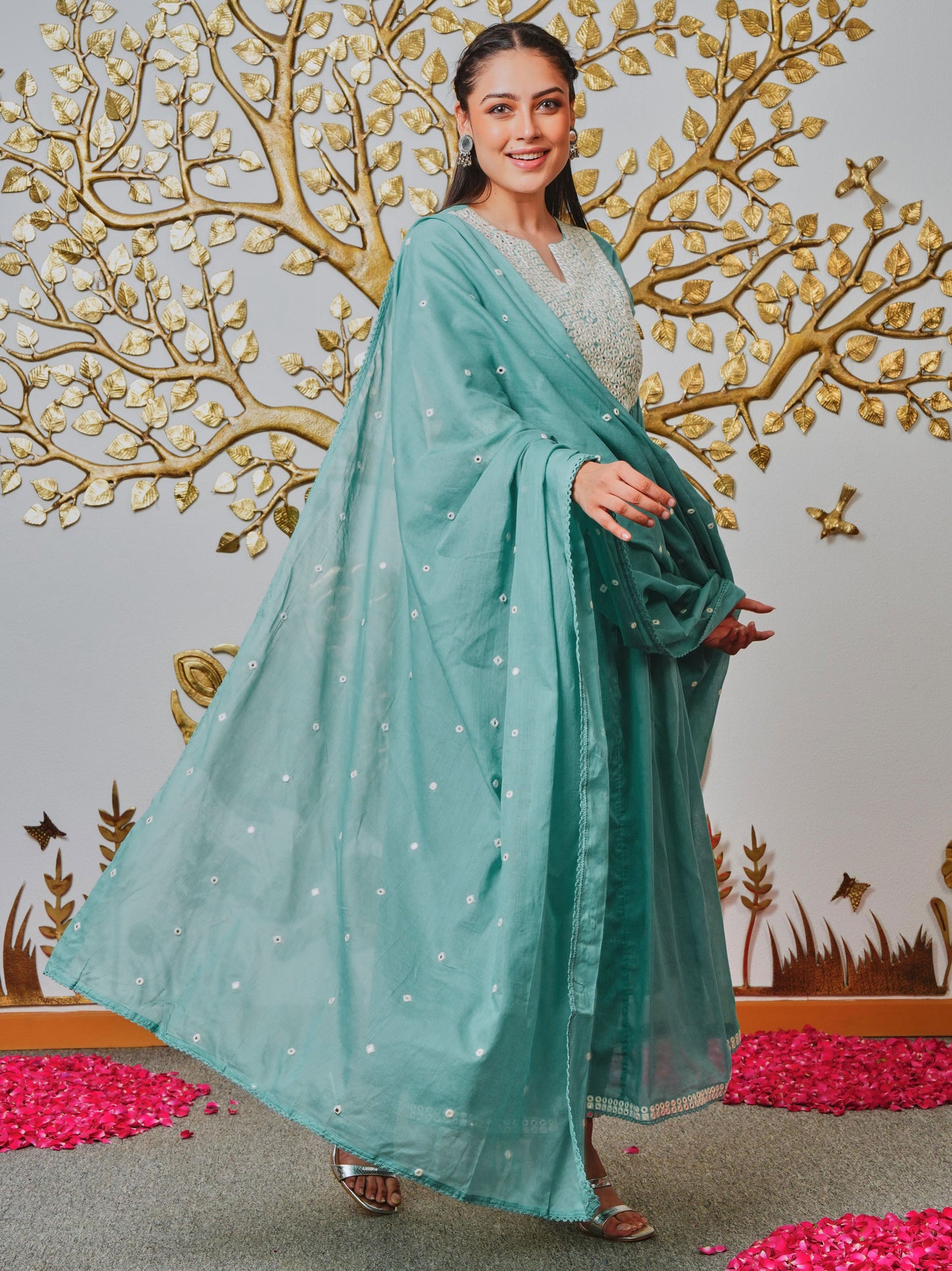 Embroidered Cotton Voile Solid Teal Dupatta
