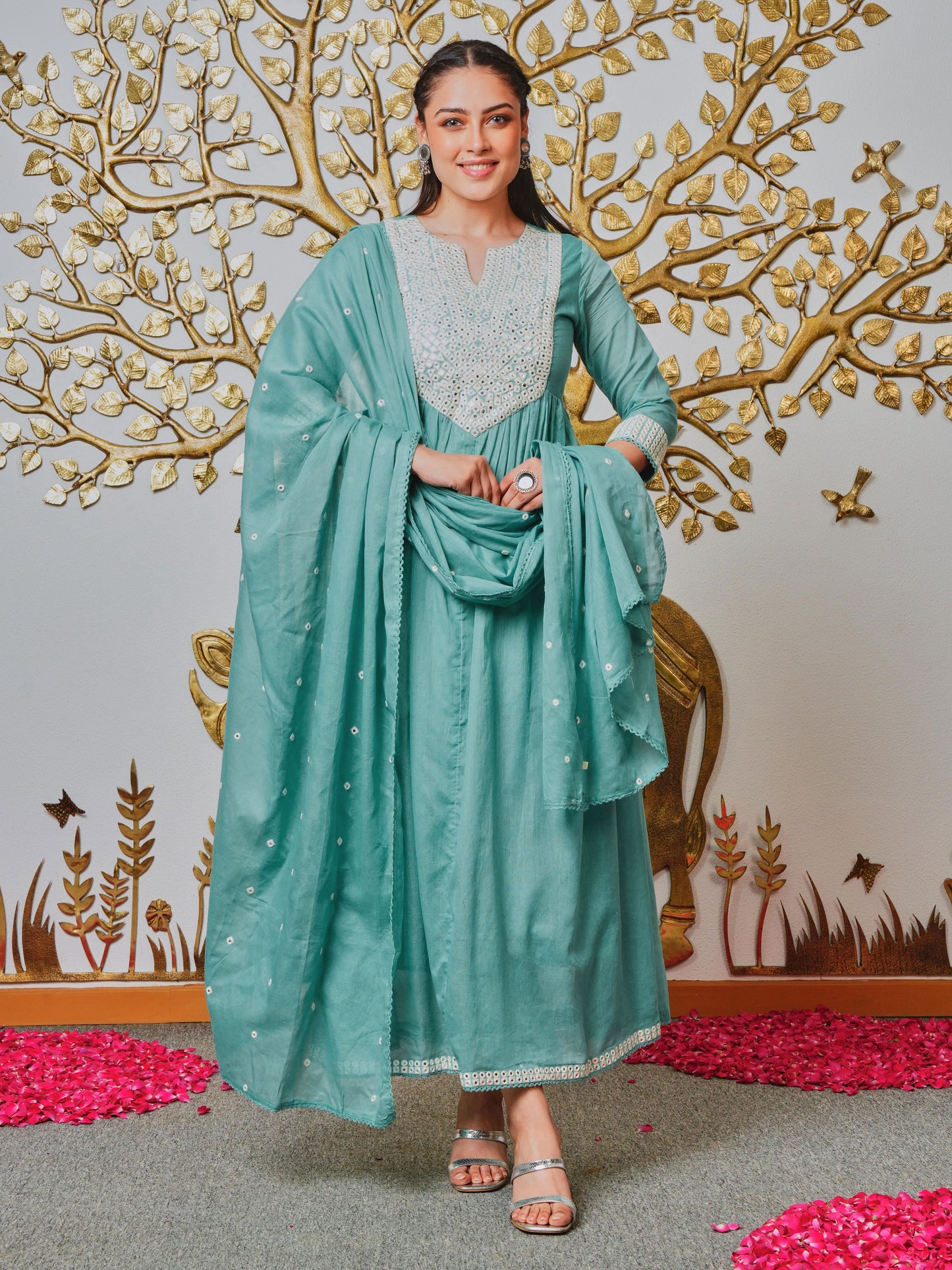 Embroidered Cotton Voile Solid Anarkali Teal Kurta