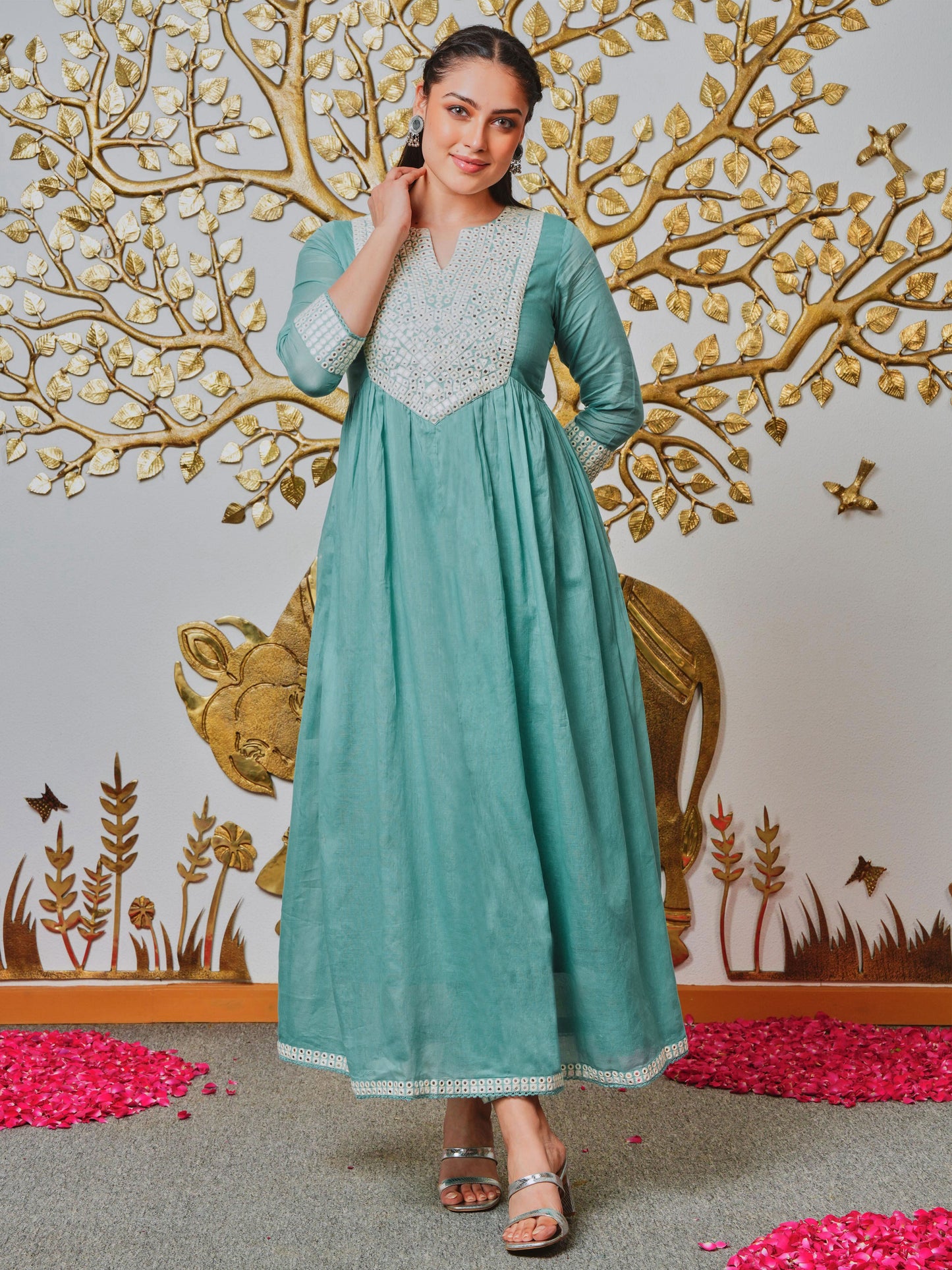 Embroidered Cotton Voile Solid Anarkali Teal Kurta