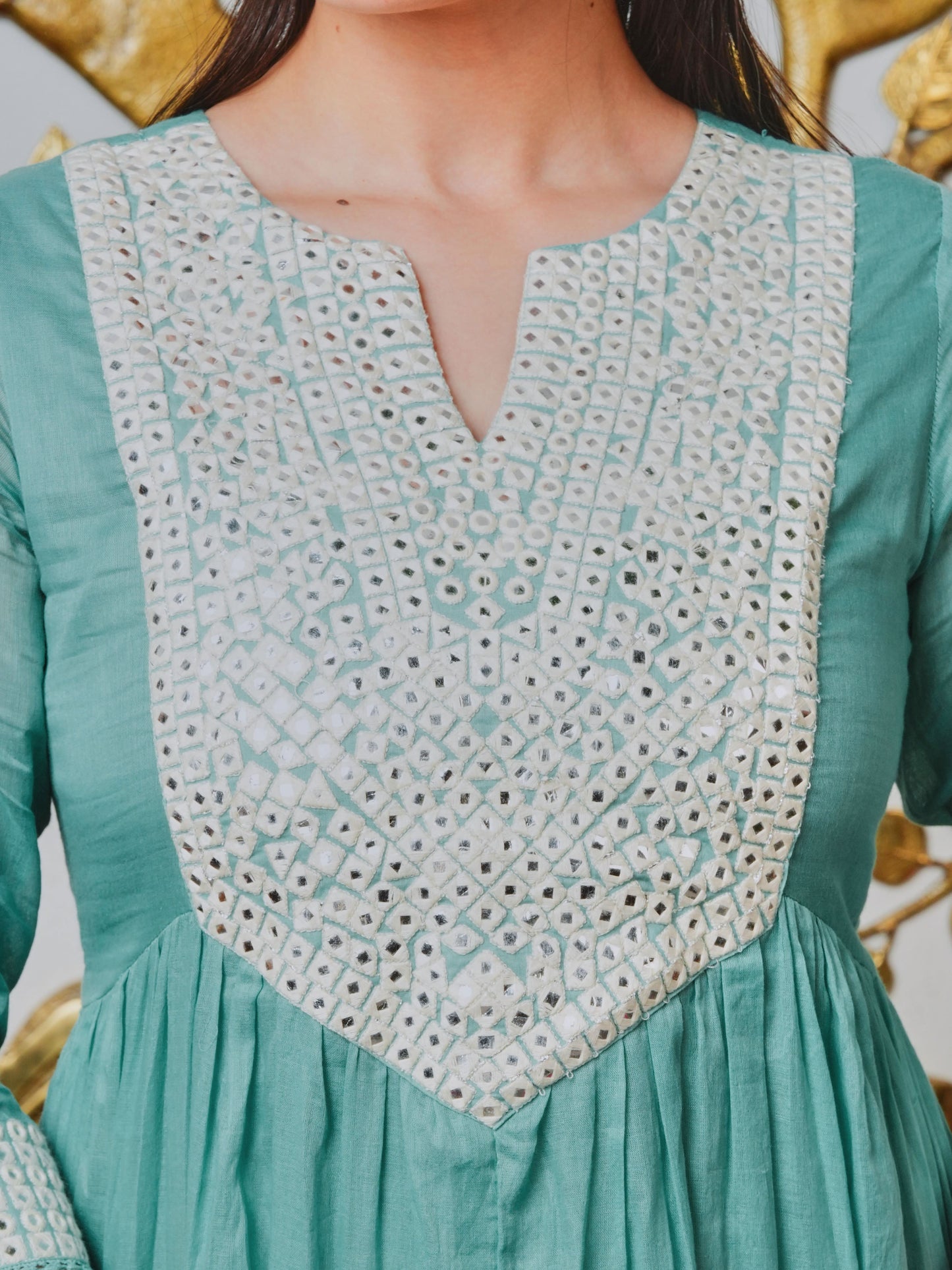 Embroidered Cotton Voile Solid Anarkali Teal Kurta