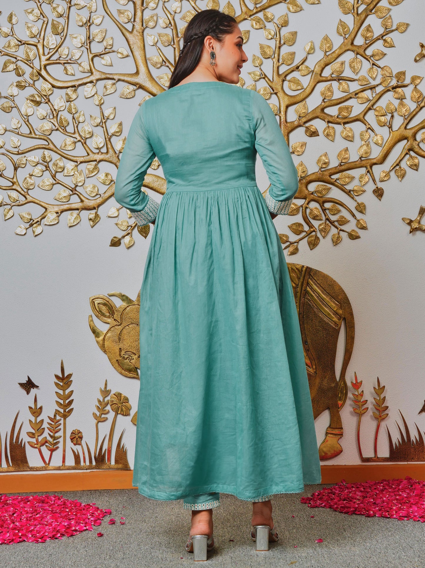 Embroidered Cotton Voile Solid Anarkali Teal Kurta