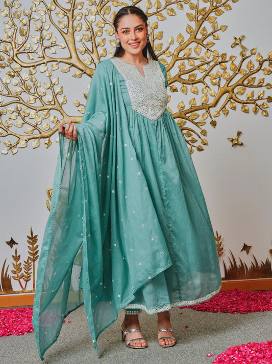 Embroidered Cotton Voile Solid Teal Dupatta