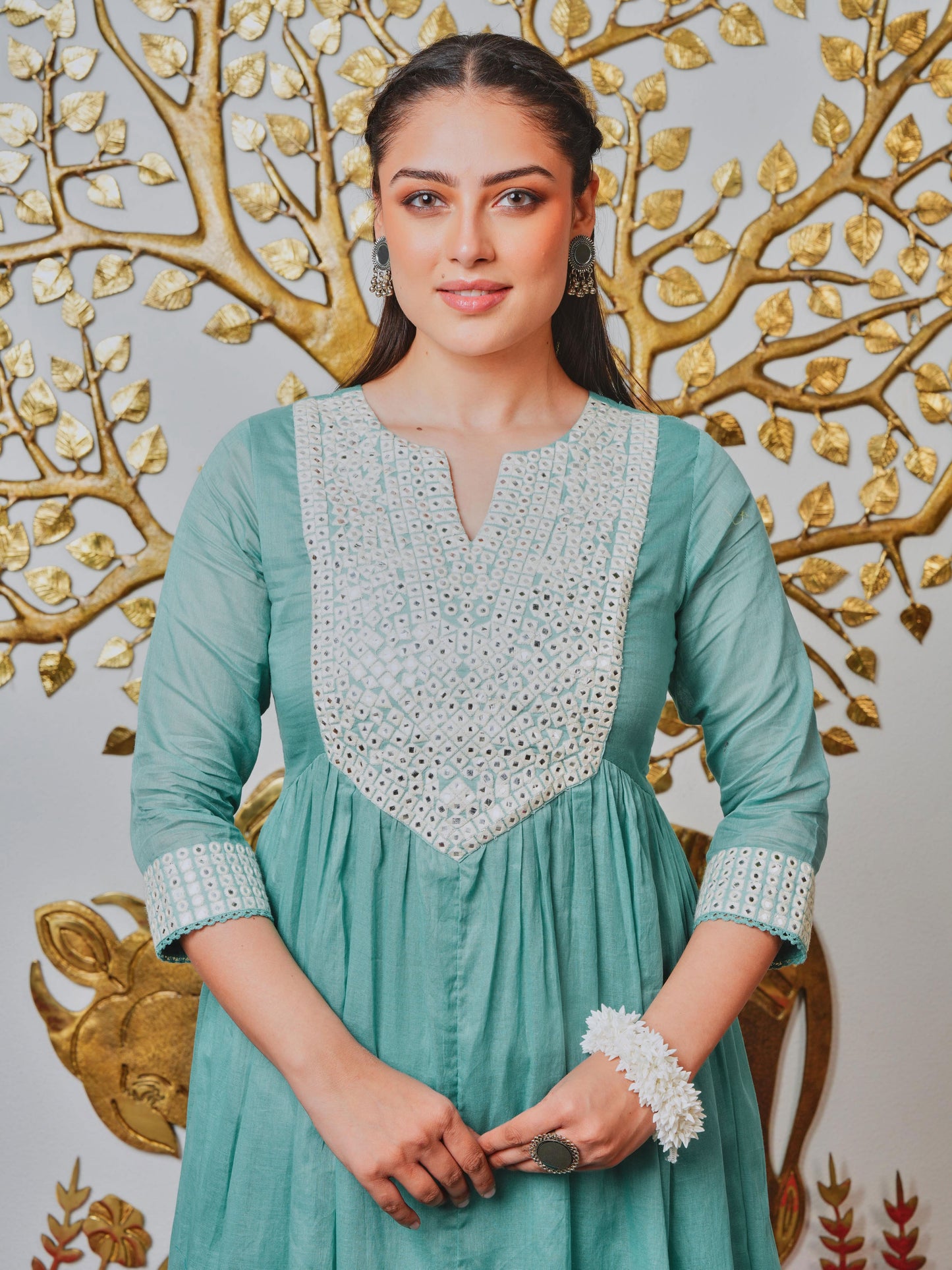 Embroidered Cotton Voile Solid Anarkali Teal Kurta