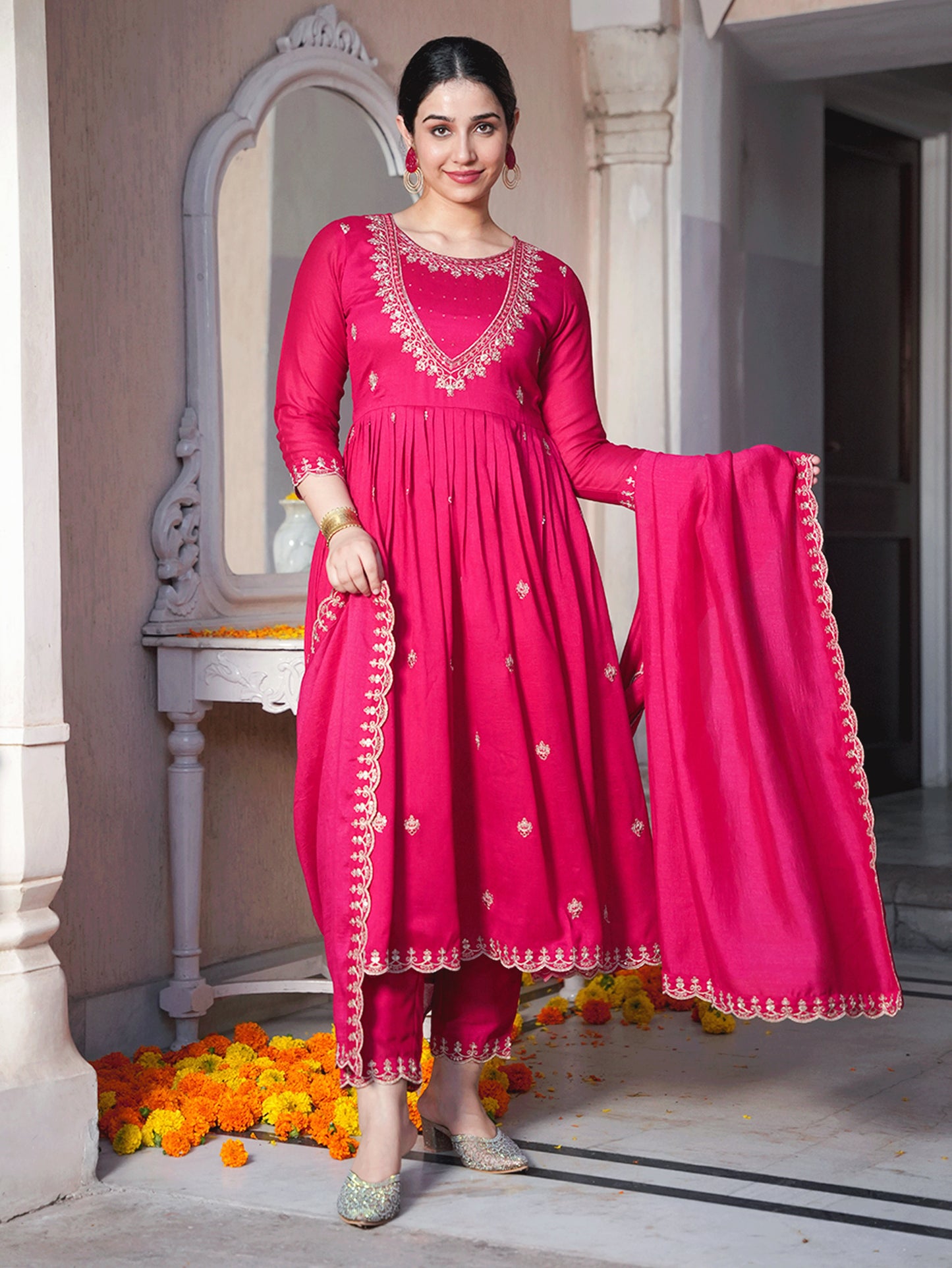 Embroidered Blended Silk Solid Royal Pink Dupatta