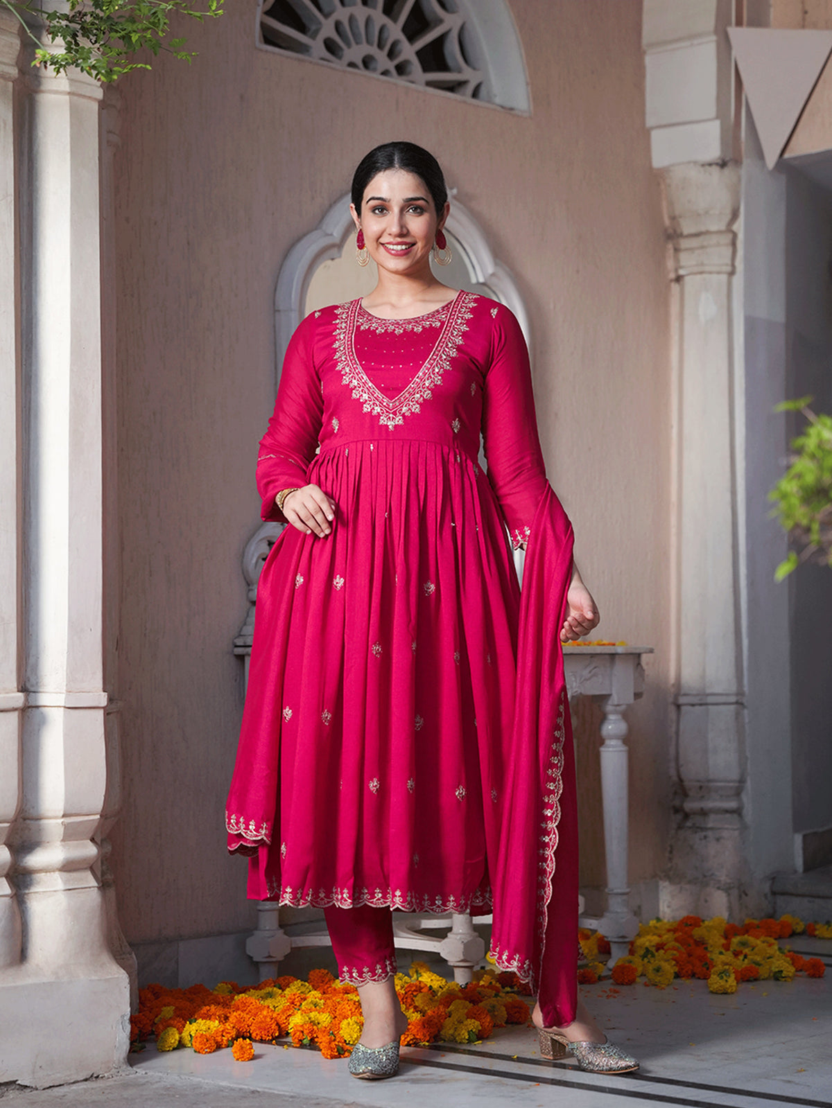 Embroidered Blended Silk Solid Royal Pink Anarkali Kurta